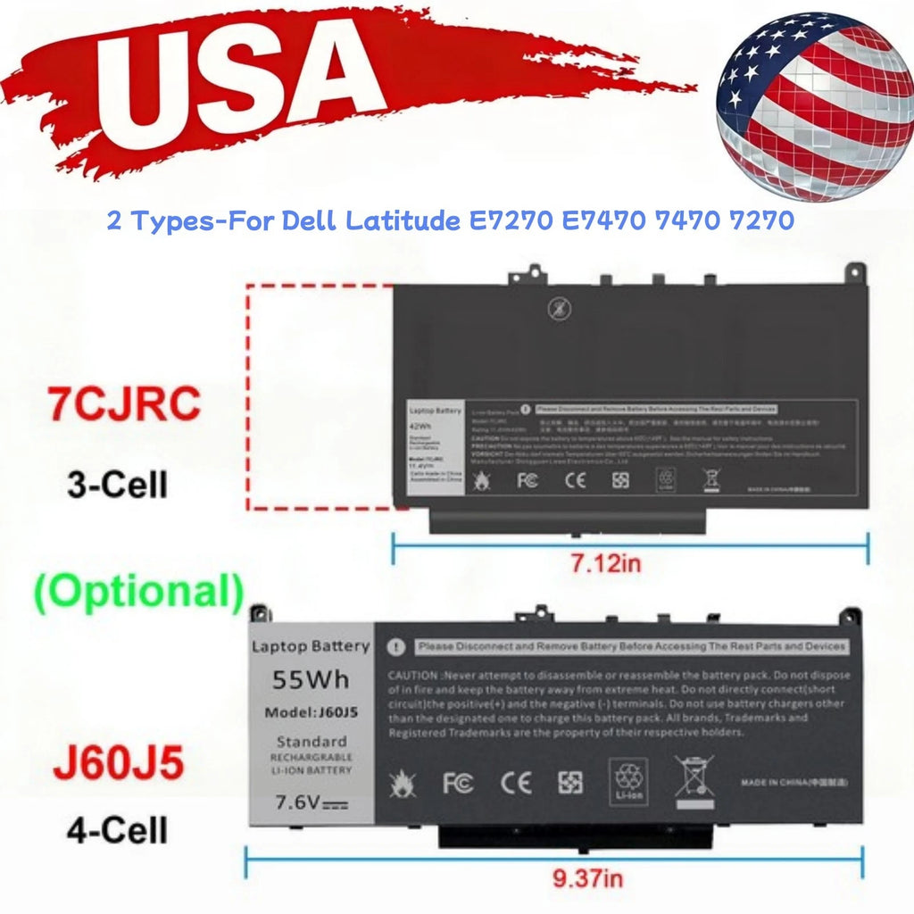 J60J5-55Wh /7CJRC-51wh Battery For Dell Latitude E7270 E7470 7470 7270 Series