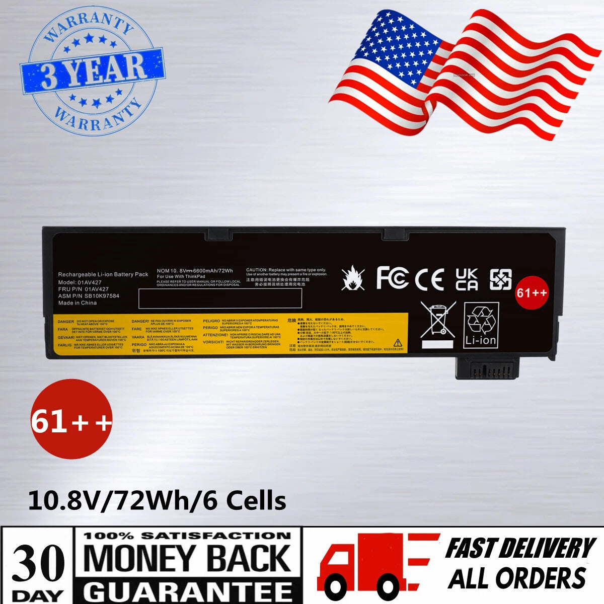 61++ Battery for Lenovo ThinkPad T470 T480 T570 T580 01AV492 01AV423 /Charger