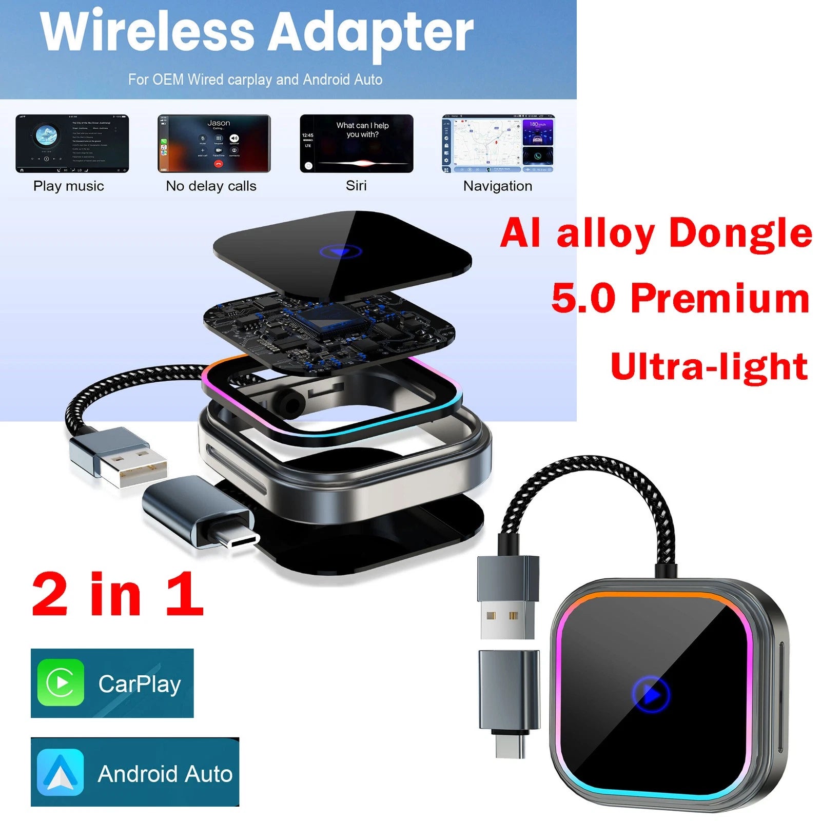 ?LED 2in1 Wireless Apple CarPlay/Android Auto Adapter 5.0 Dongle USB Plug & Play