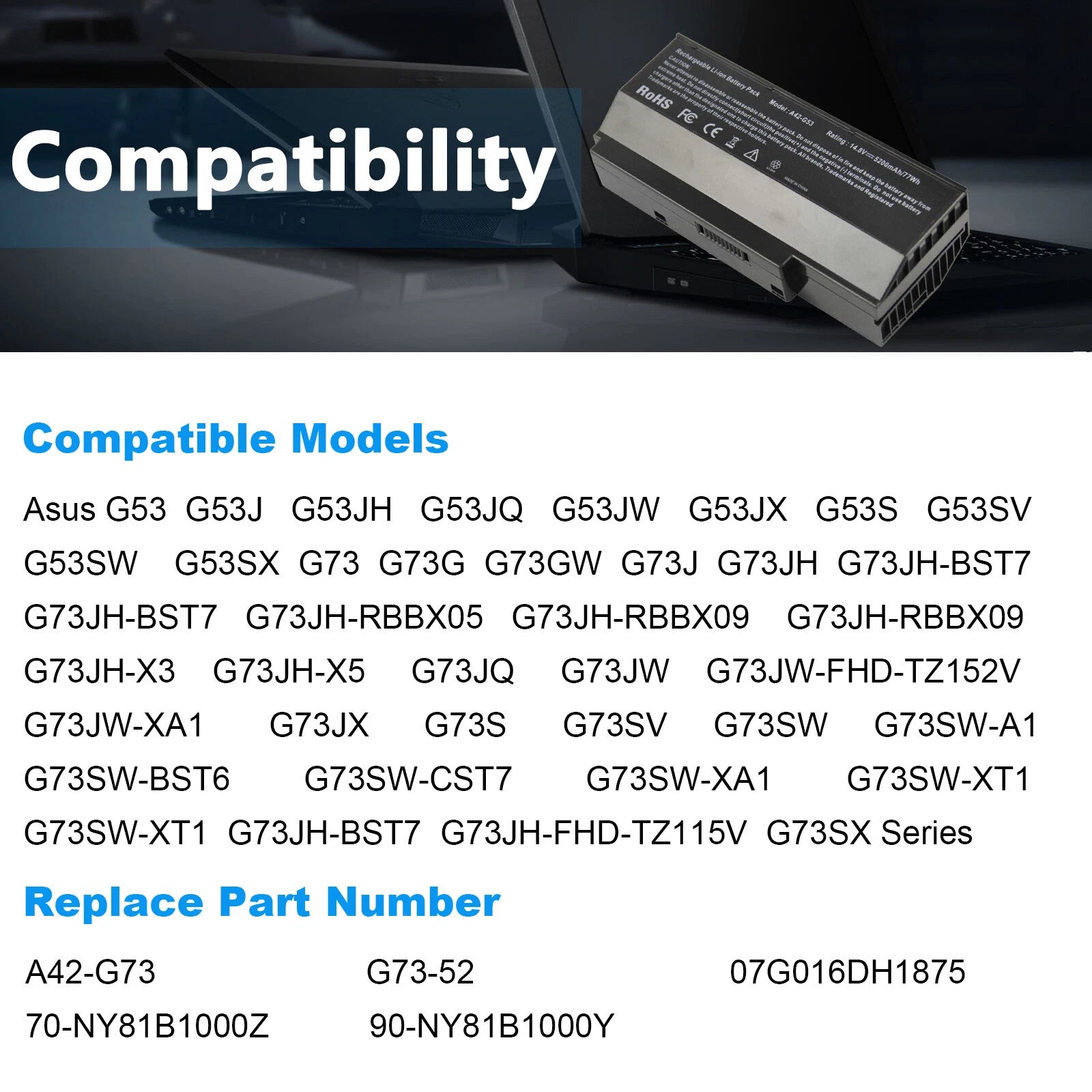 5200mAh Battery for ASUS G73 A42-G73 G73-52 G73JH G73JW G73j G53 G73SW G53S