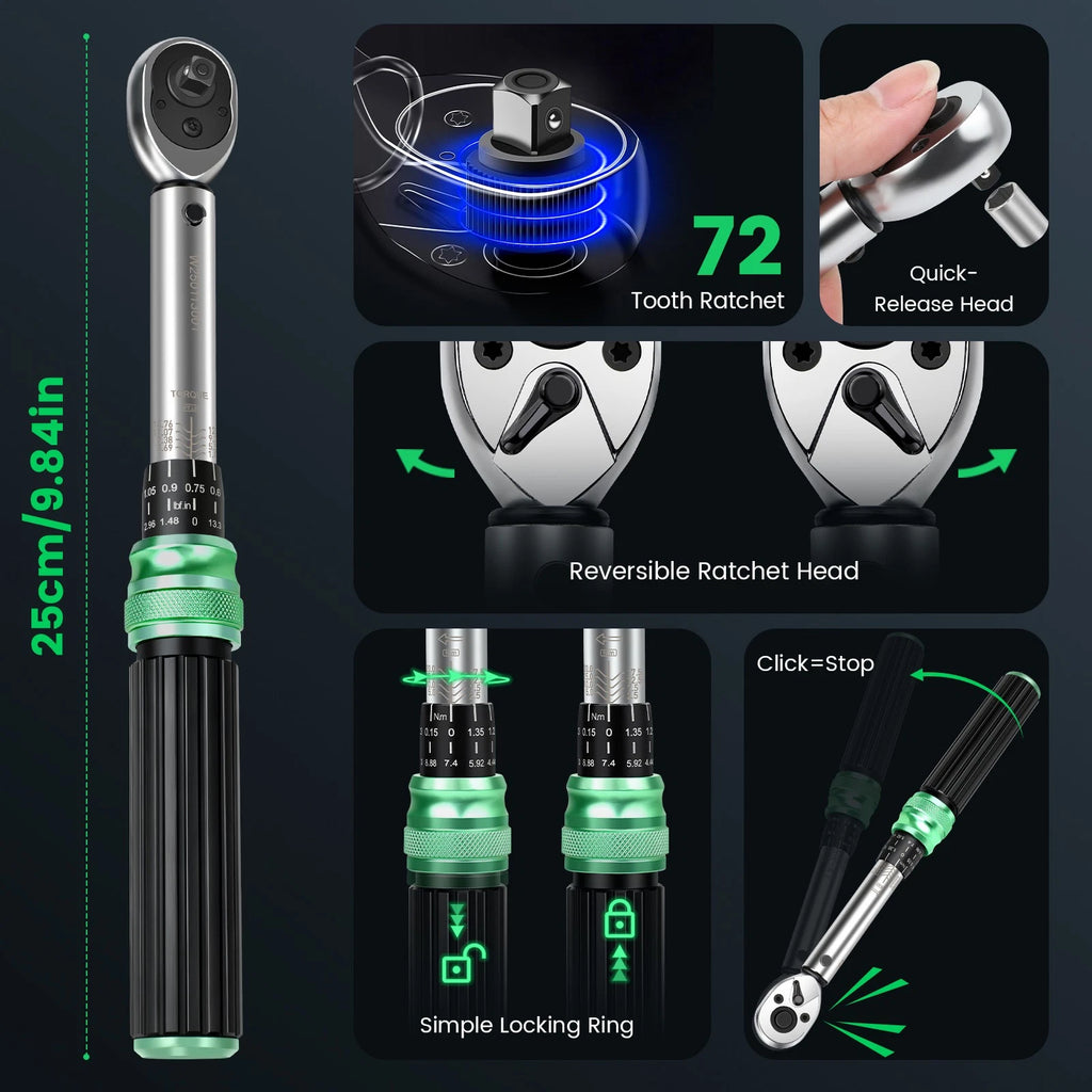 ?32Pcs 1/4'' Drive Adjustable Click Torque Wrench 2.5-25NM w/ Extension Bar NEW