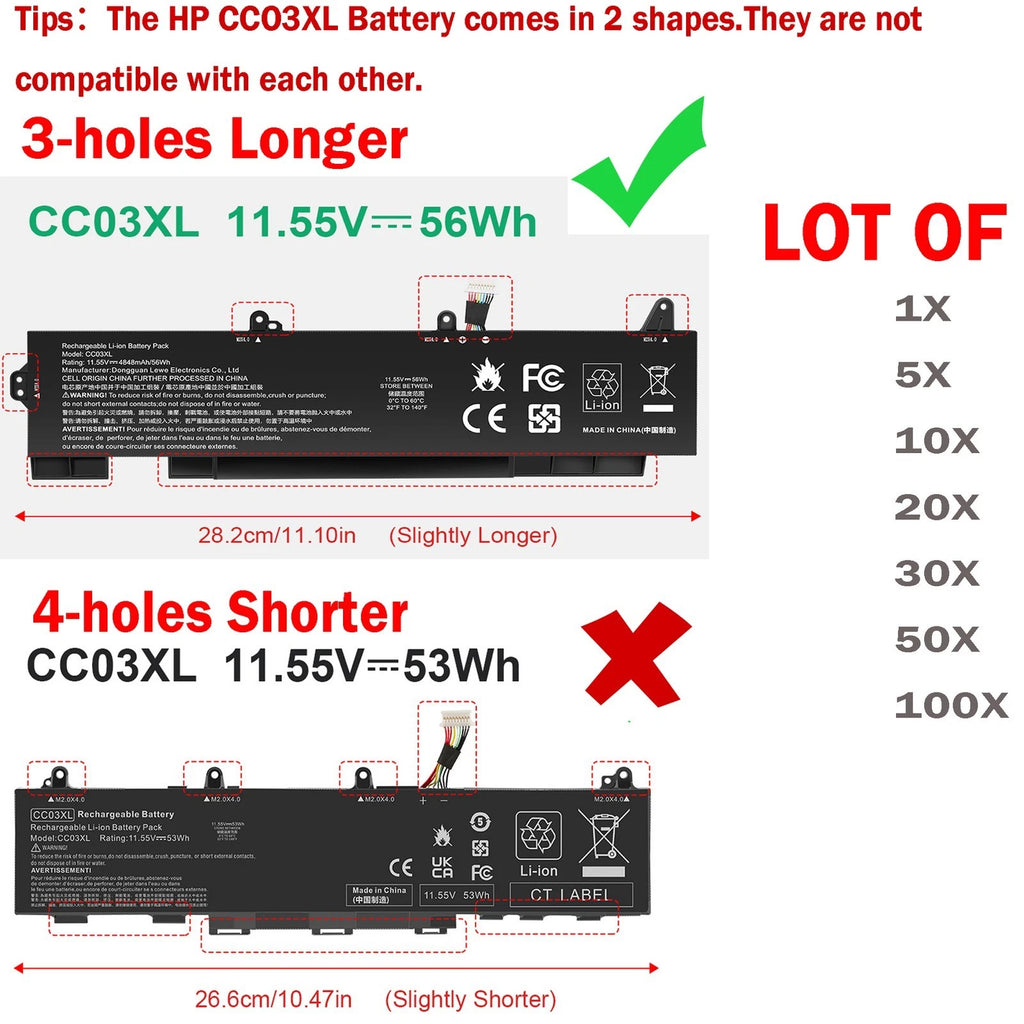 ?LOT CC03XL BATTERY FOR HP ELITEBOOK 850 G7 G8,855 G7 G8 L77991-005 56WH-3 Holes