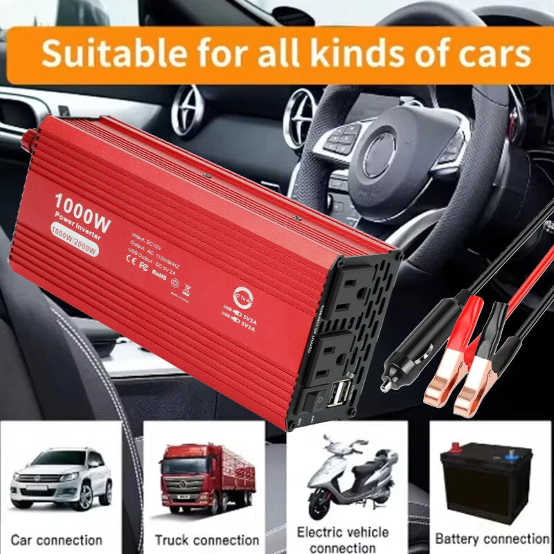 Car 1000W DC 12V to AC 110V 120V Power Inverter Converter With 2AC USB Portable