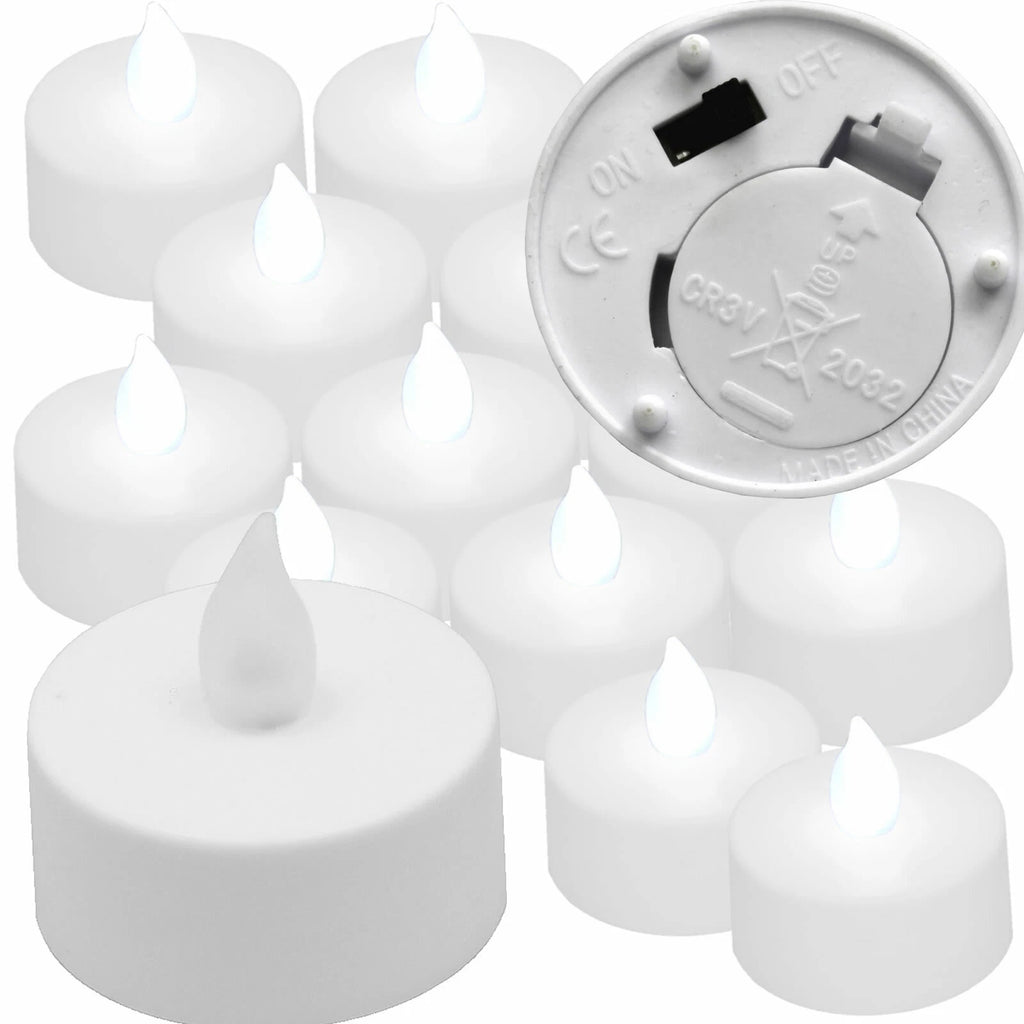 12 Qty COOL WHITE Flickering Flameless Battery Operated LED Tea Light Candles