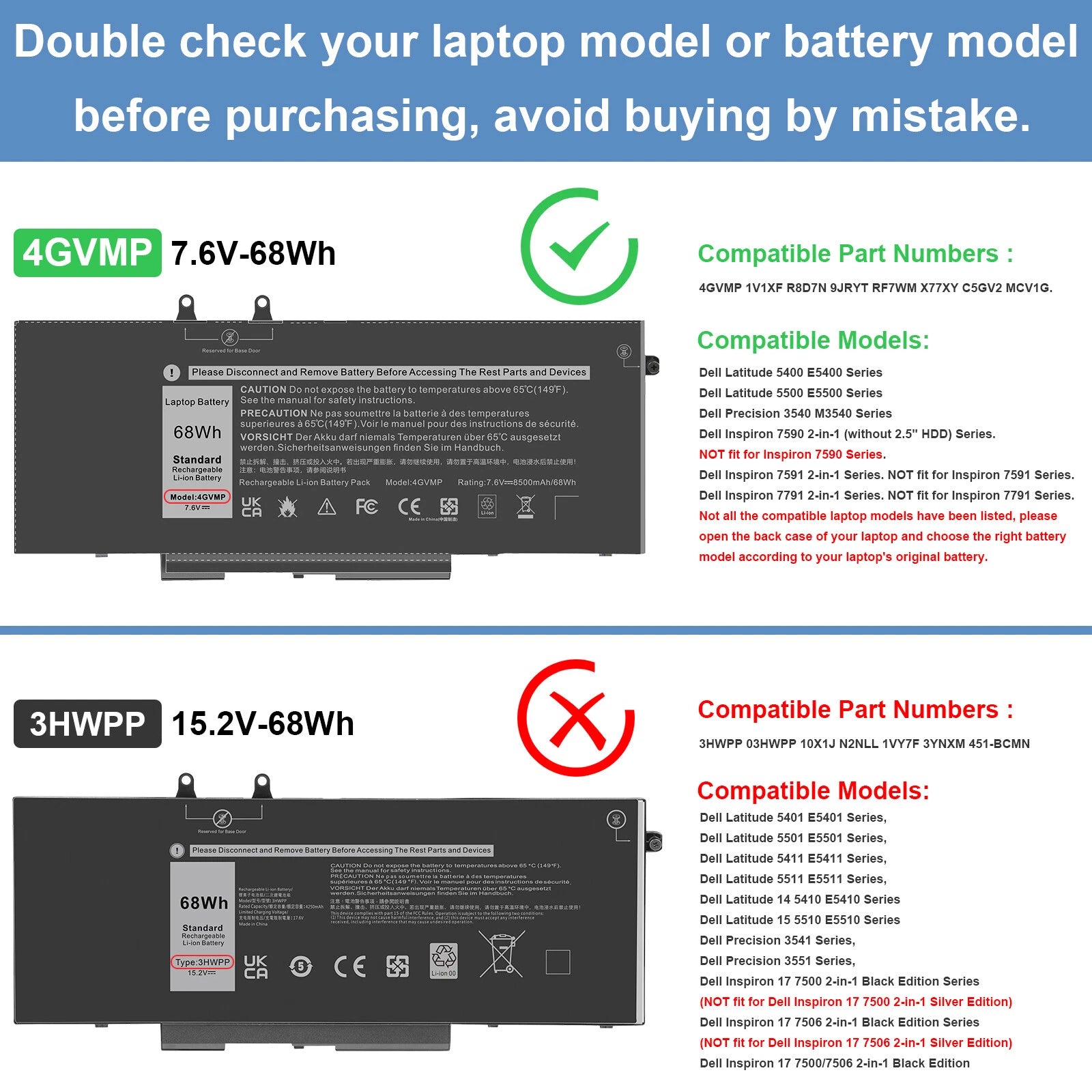 4GVMP Laptop Battery For Dell Latitude 5400 5500 Precision 3540 9JRYT C5GV2 68Wh