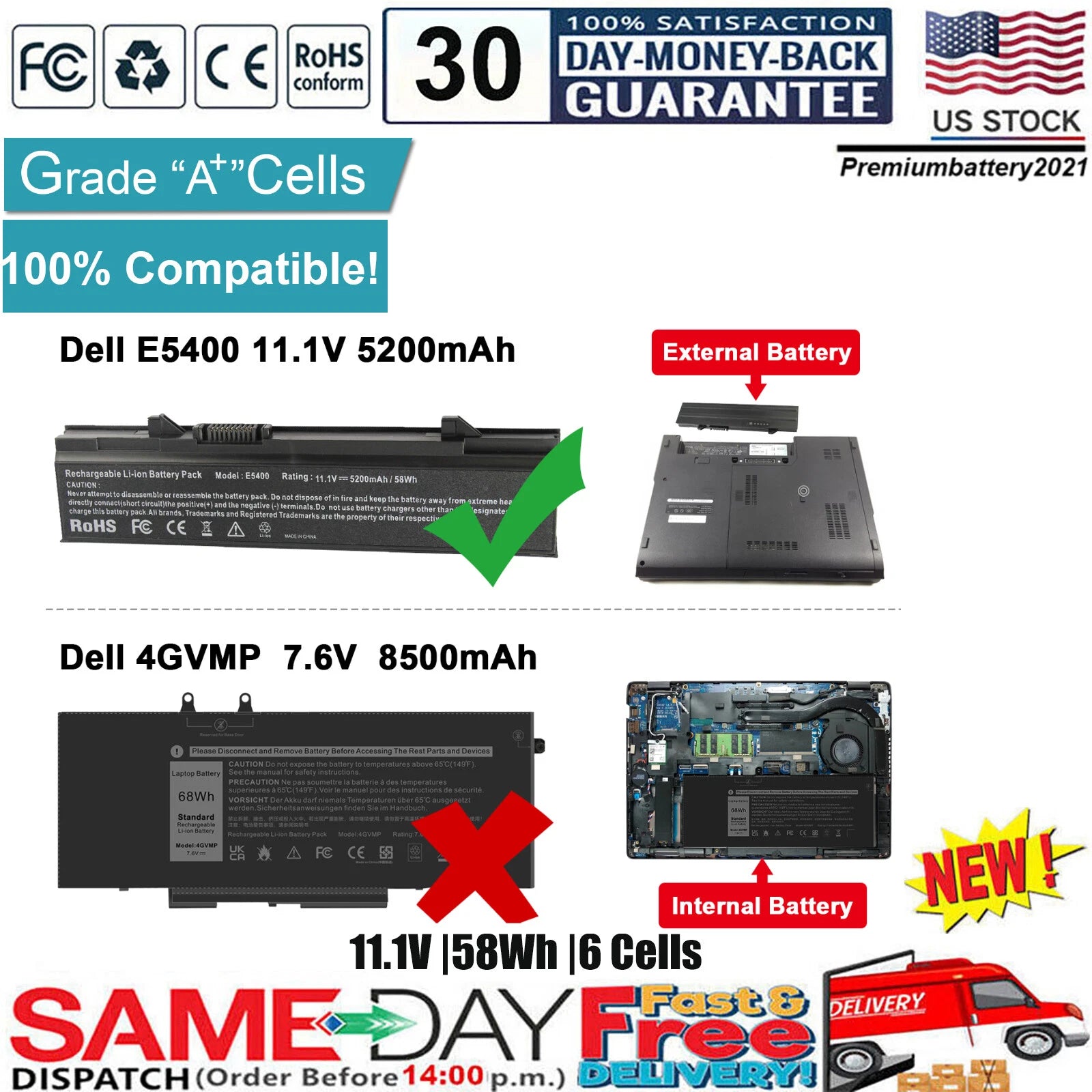 Laptop Battery for Dell Latitude E5400 E5500 E5410 E5510 KM668 KM742 PX644H NEW