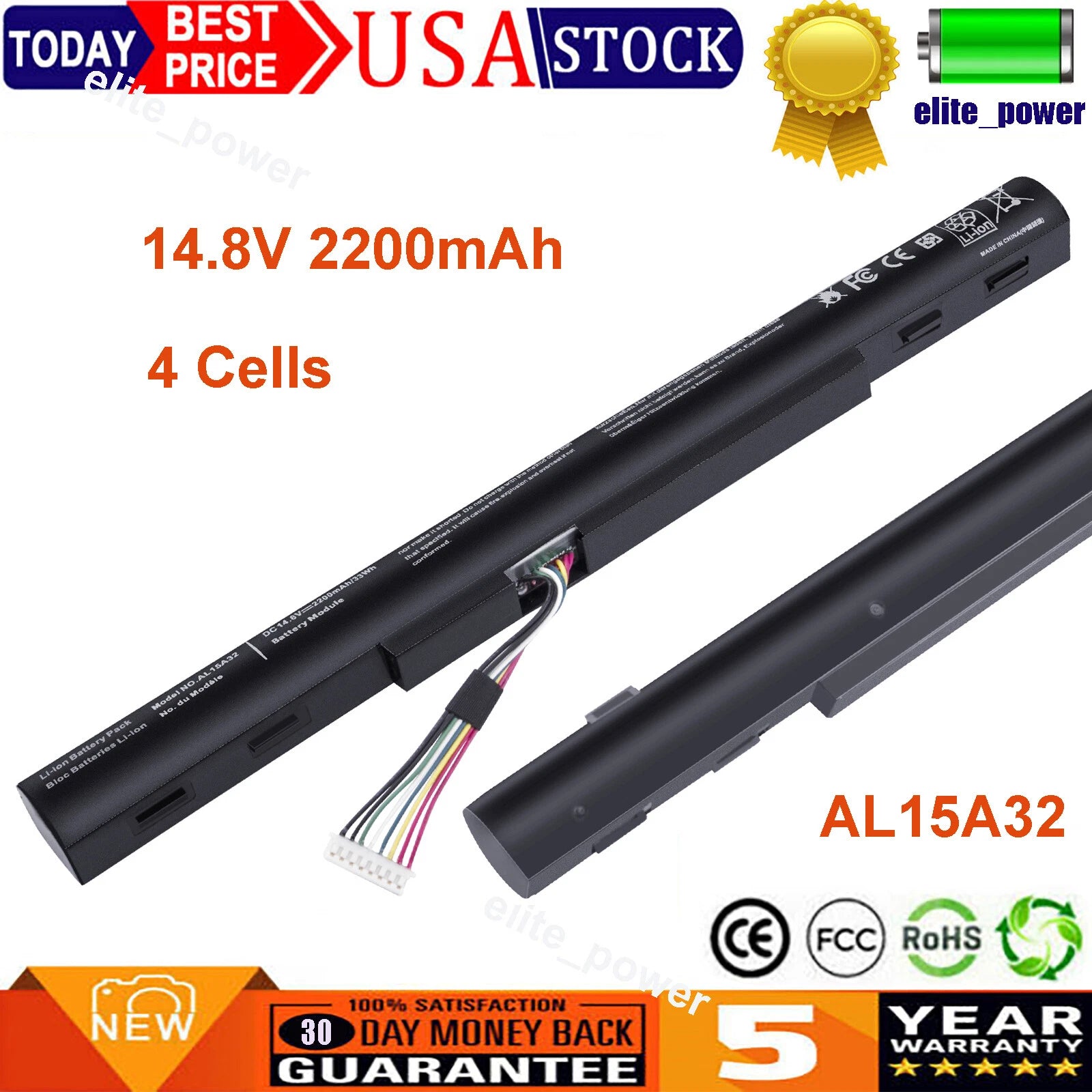 Battery AL15A32 For Acer Aspire E5-473 E5-522G E5-532 E5-573 E5-573G V3-574G US