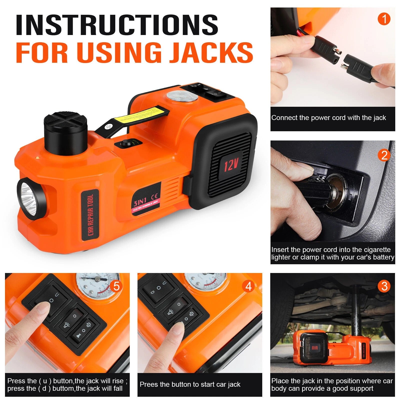 Electric Hydraulic Floor Jack 5 Ton 12V Impact Wrench Tire Inflator Pump Car Kit