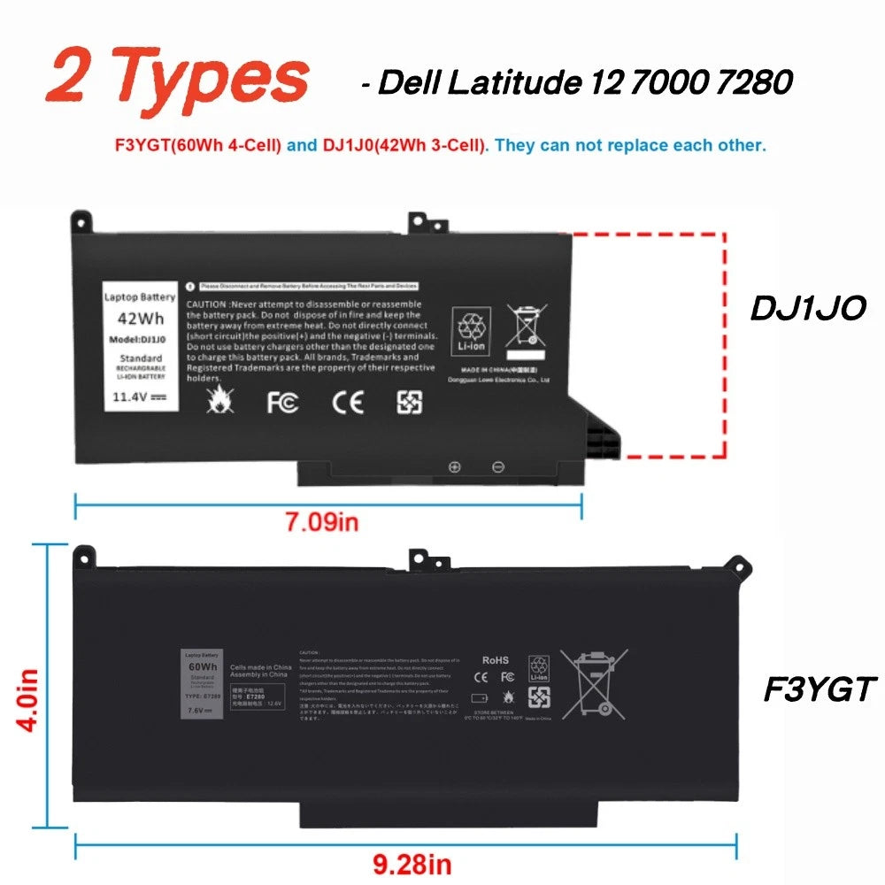DJ1J0/F3YGT Battery for Dell Latitude 12 7000 7280 /14 7480 7490 E7480 E7490