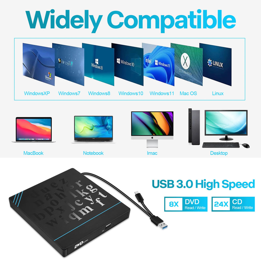 External DVD CD Drive USB 3.0 Type-C Player for PC Laptop Apple Macbook Linux OS