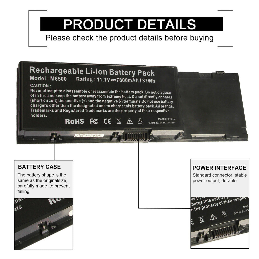 9 Cells Battery For Dell Precision M6400 M6500 312-0873 8M039 C565C DW842 KR854