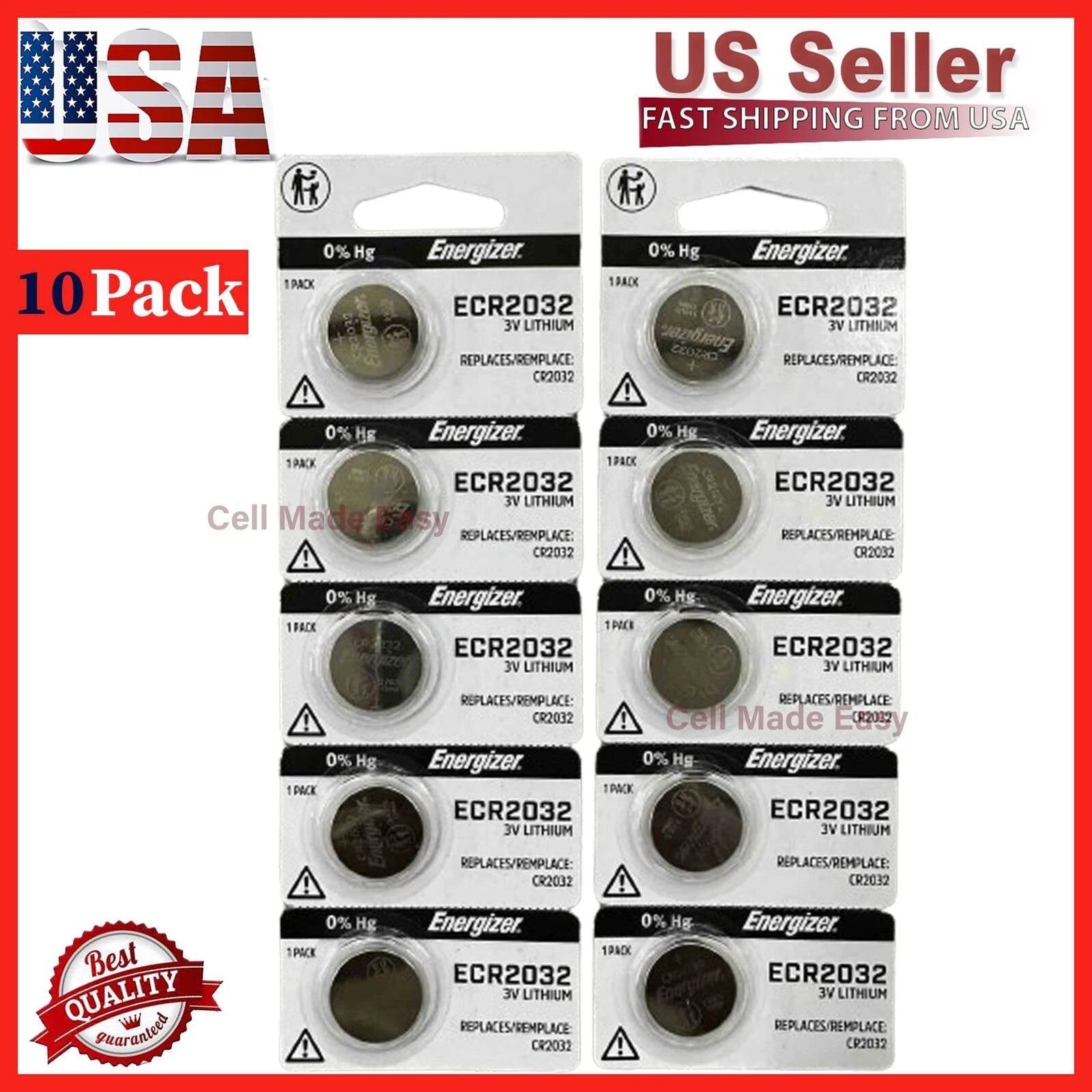 Lot 10 Pcs Fresh Energizer CR2032 3V Lithium Coin Cell Button Battery CR 2032