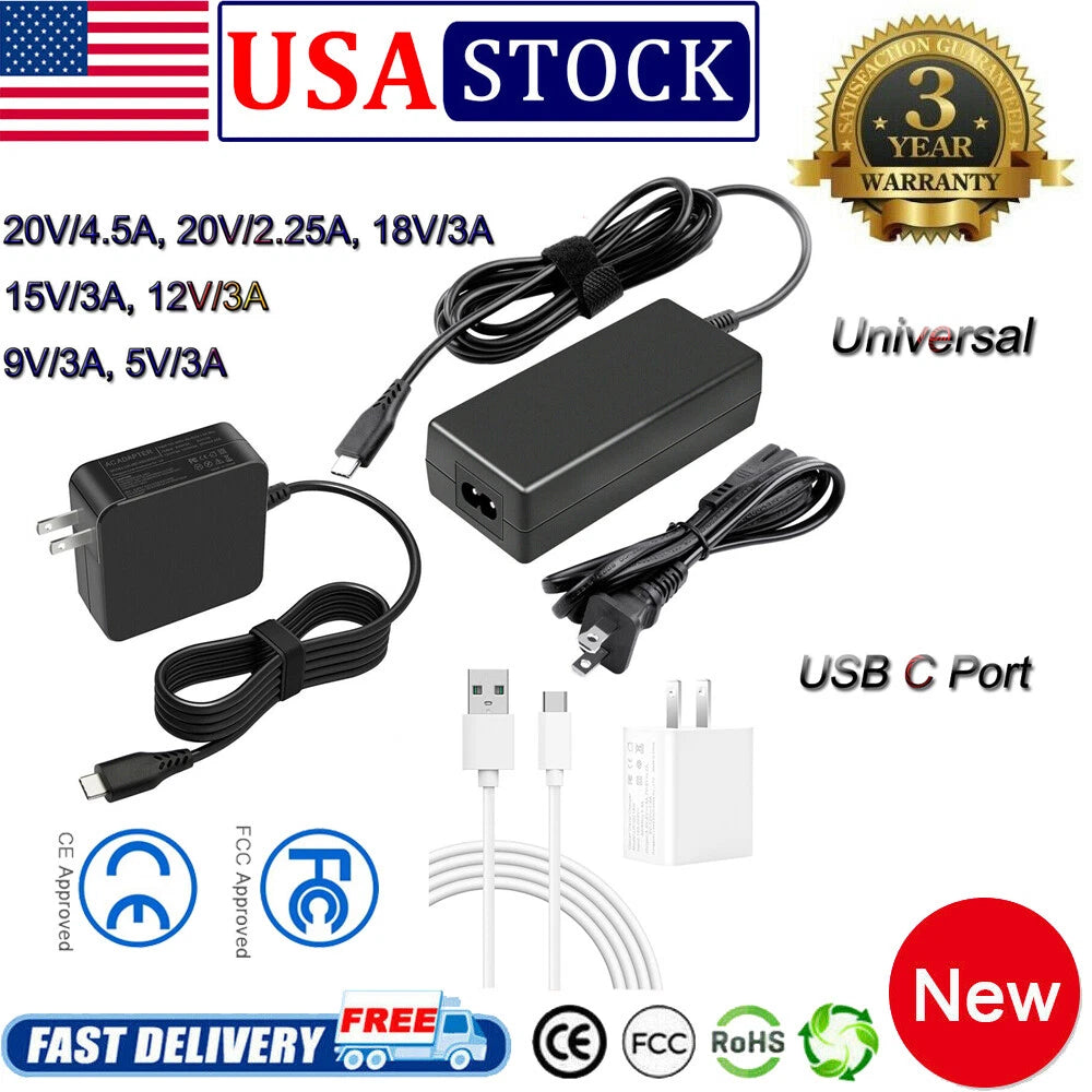 Universal USB-C Type-C AC Adapter Power PD Laptop Wall Charger Cable Cord 90W