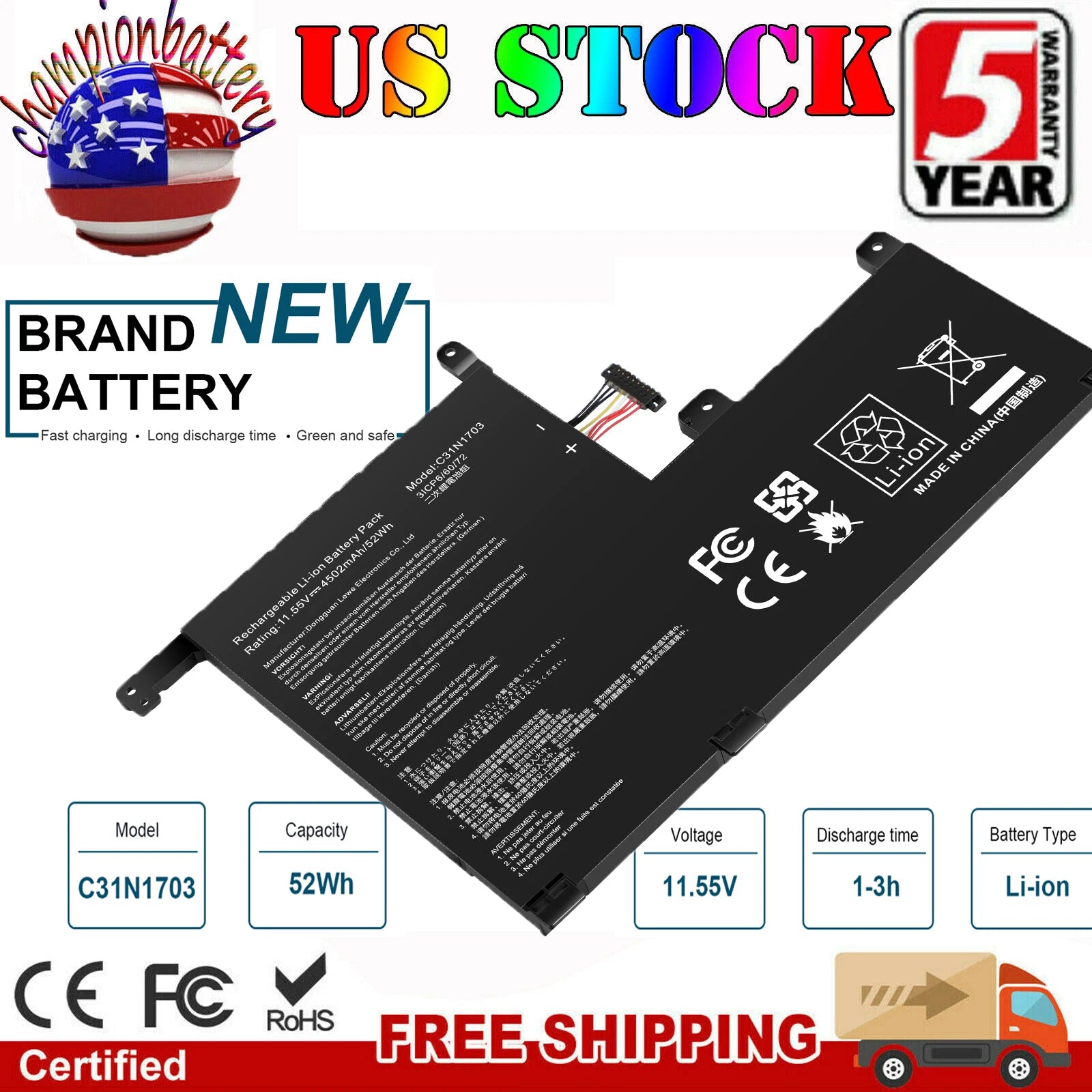 C31N1703 Battery 52Wh for Asus Zenbook Flip UX561UA UX561UN-1A Q505U Q525UA US