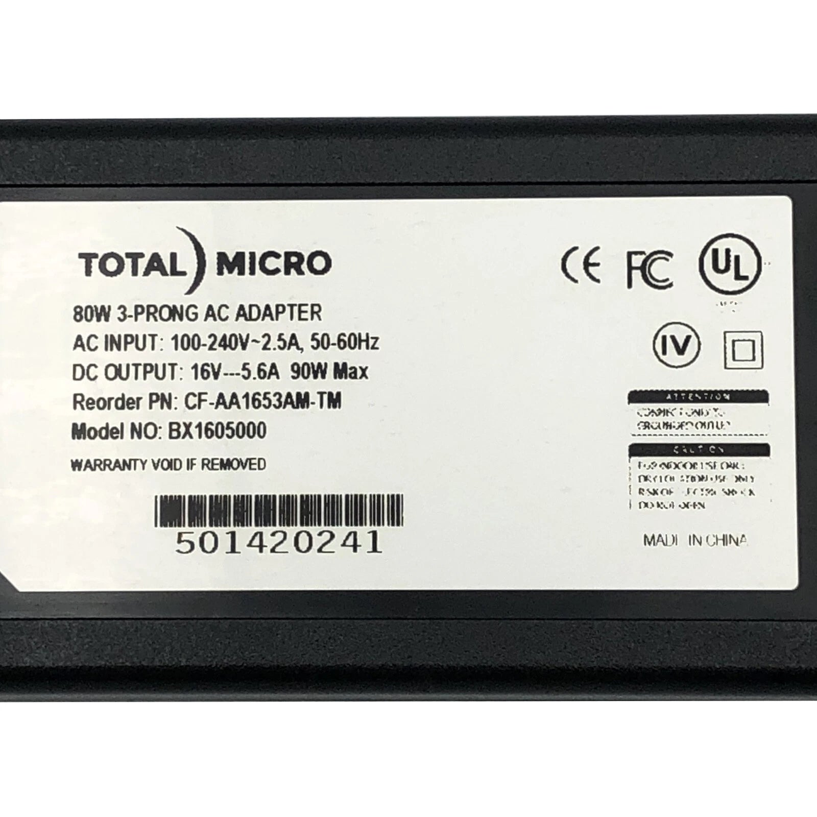 New Genuine Total Micro BX1605000 CF-AA1653AM-TM 3-Prong AC Adapter 16V 5.6A 90W