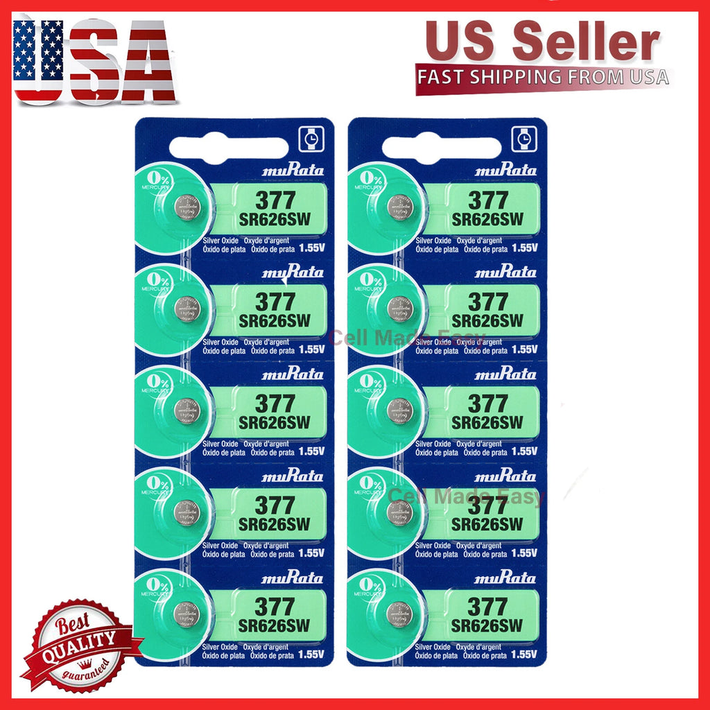 10 NEW MURATA / SONY 377 SR626 SR626 V377 SilverOxide Watch Battery SR66 TR626W