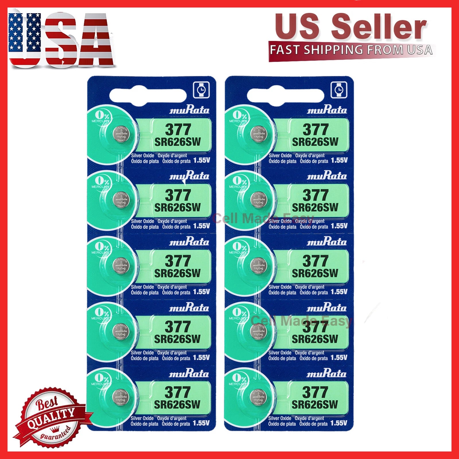 10 NEW MURATA / SONY 377 SR626 SR626 V377 SilverOxide Watch Battery SR66 TR626W