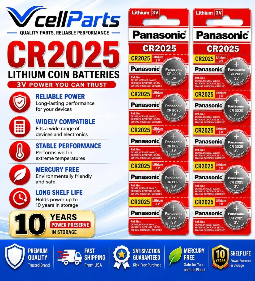 10 x Fresh PANASONIC CR 2025 CR2025 CR2025 LITHIUM COIN CELL Battery Exp 2030