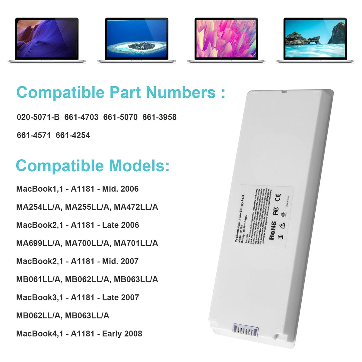 Battery for Apple 13" MacBook A1185 Li-ion 10.8V - 59 Wh Rechargeable Battery CC