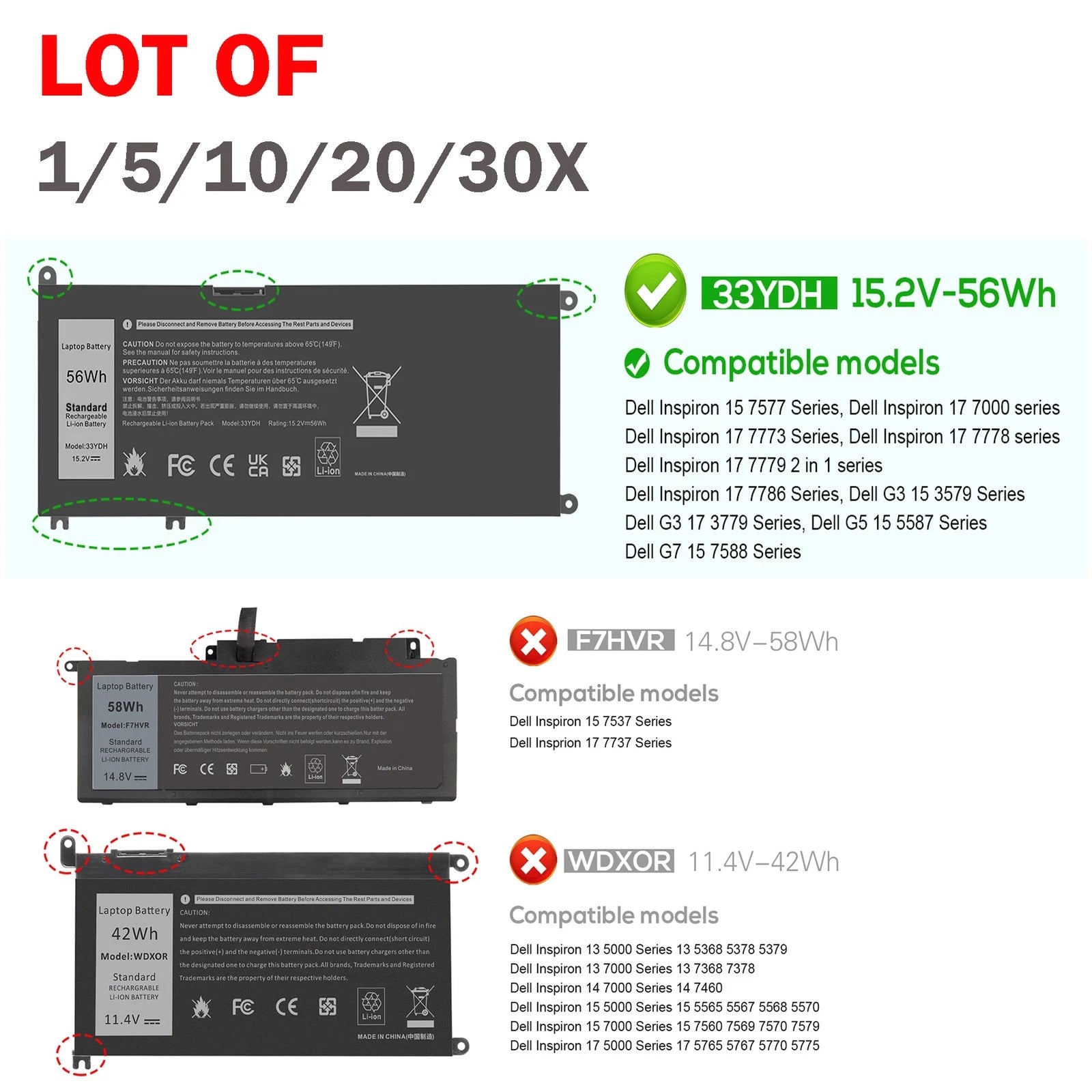 ??LOT 30x 33YDH Battery For Dell Latitude 3380 3480 3490 3580 3590 Inspiron 7577