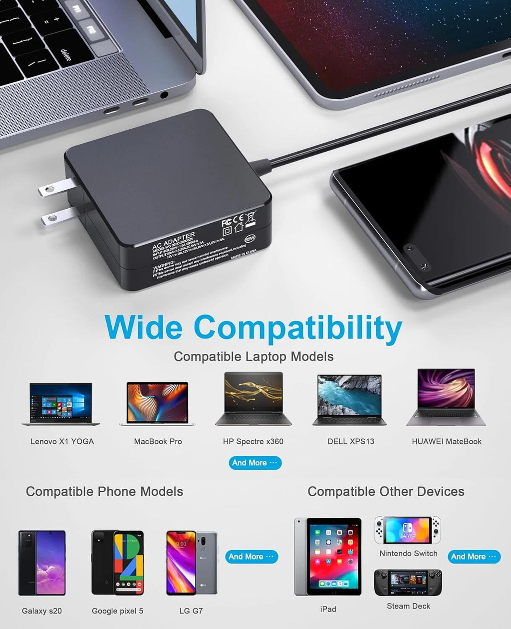 65W USB-C TYPE C AC Adapter Charger For Lenovo HP Acer Asus MacBook Pro Laptop