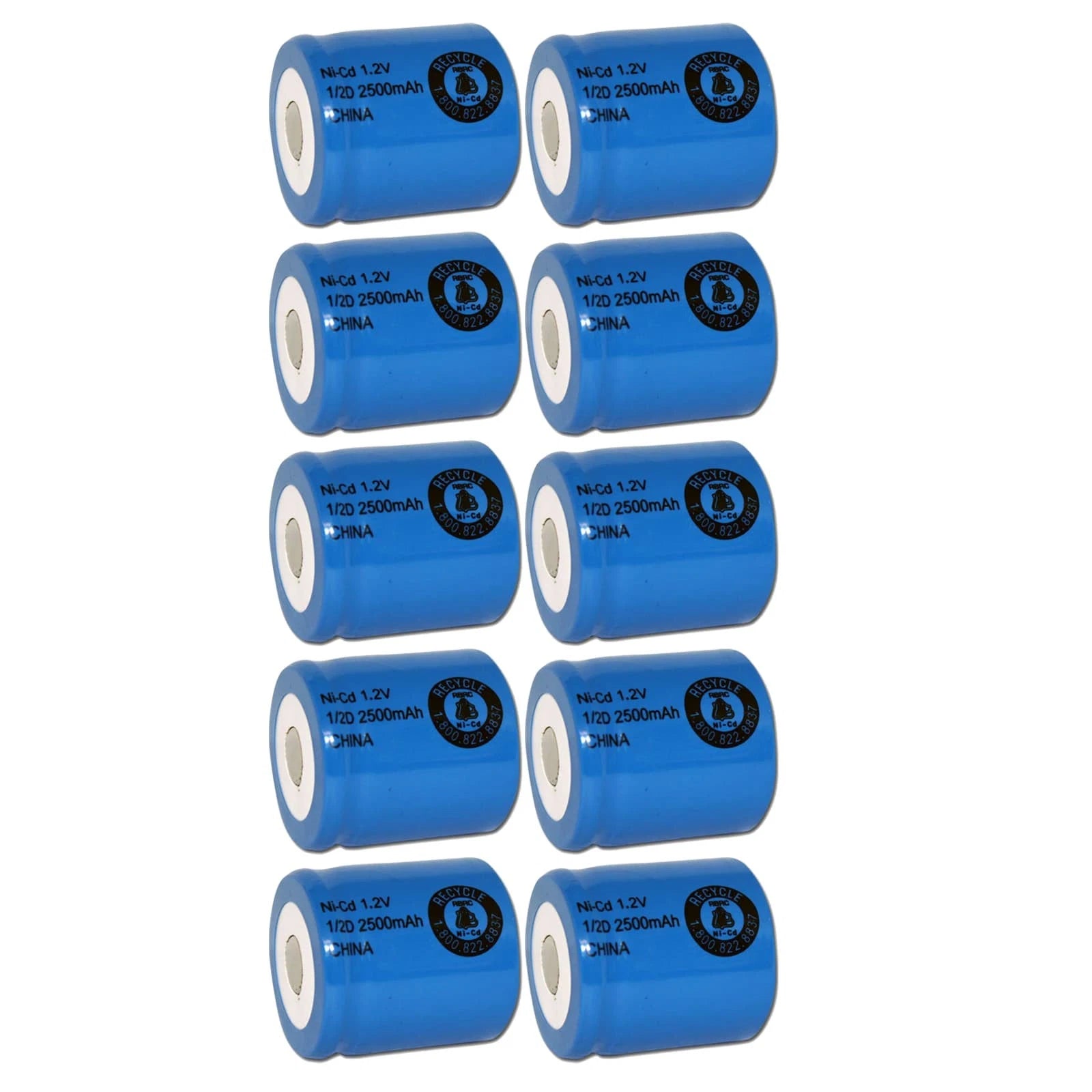 10x Exell 1.2V 2500mAh NiCD 1/2D Rechargeable Battery Flat Top Cell
