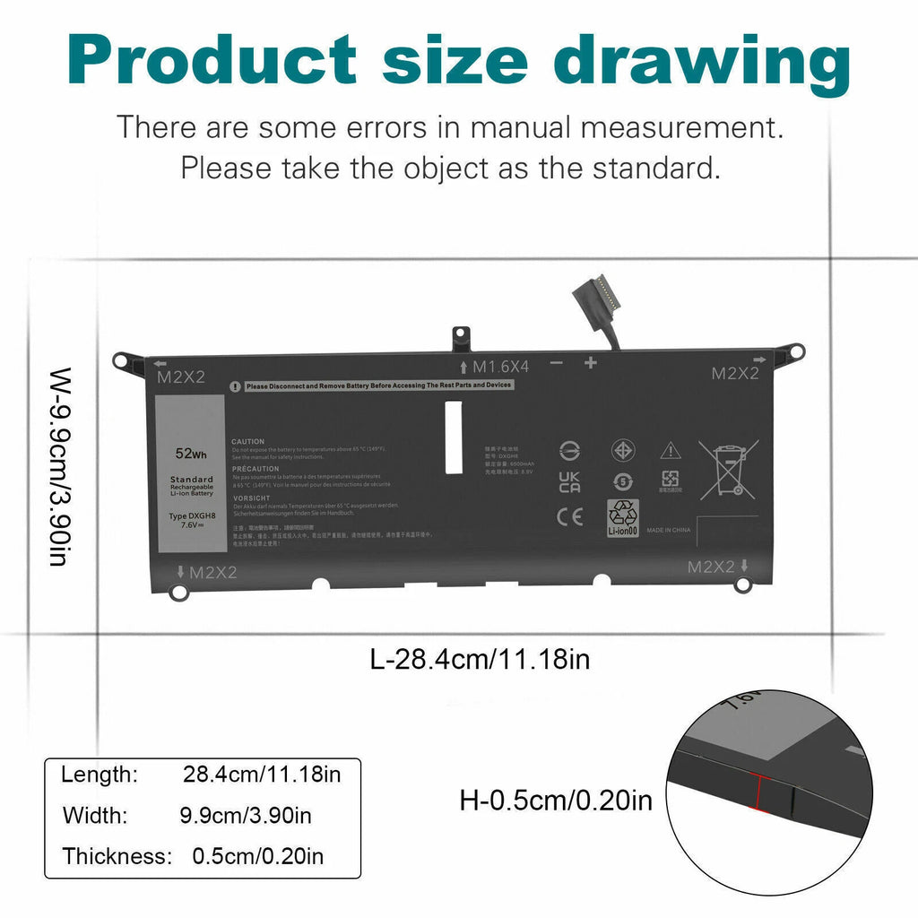 DXGH8 Battery For Dell XPS 13 7390 9370 9380 Inspiron 13 5390 7390 52Wh 4 Cell