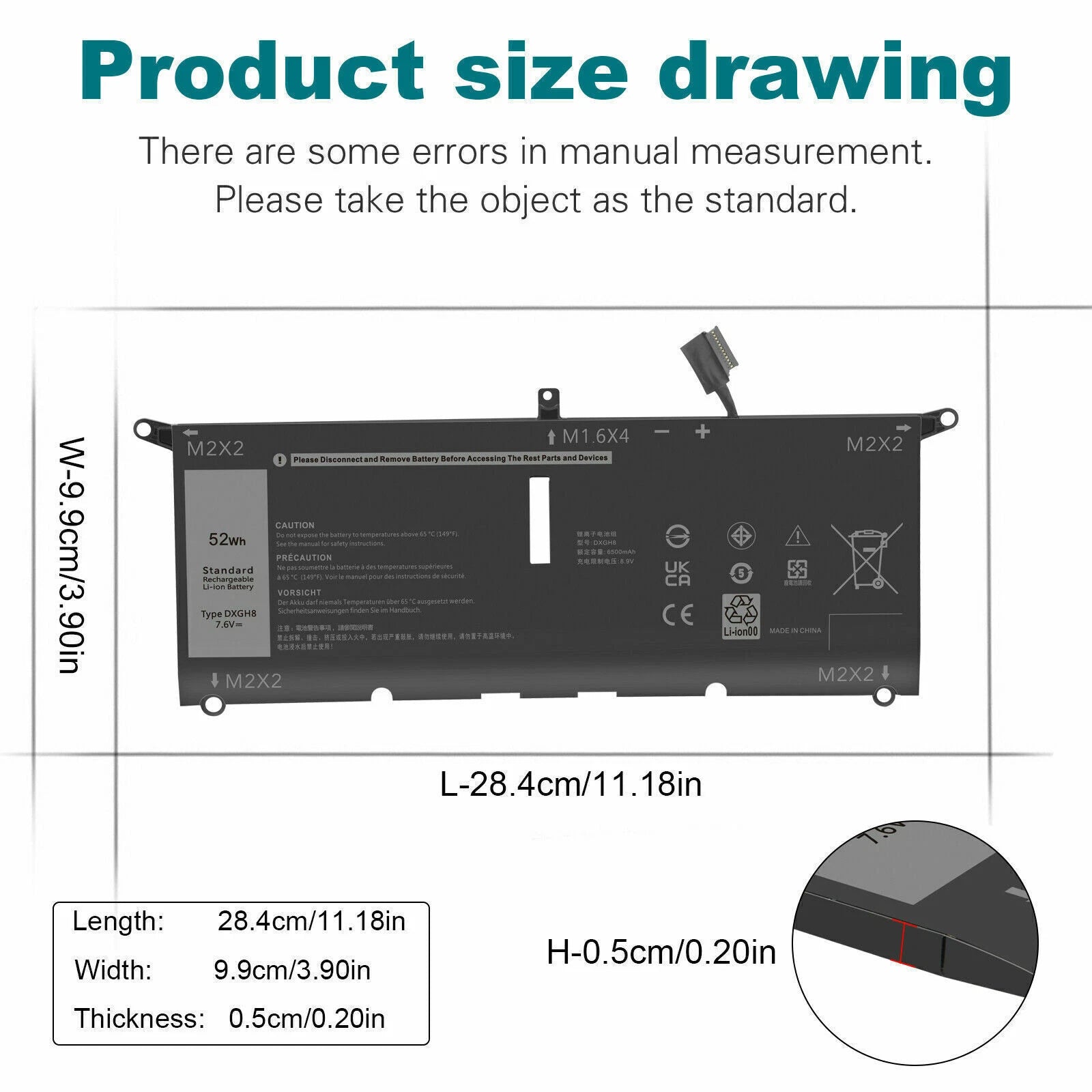 DXGH8 Battery For Dell XPS 13 7390 9370 9380 Inspiron 13 5390 7390 52Wh 4 Cell