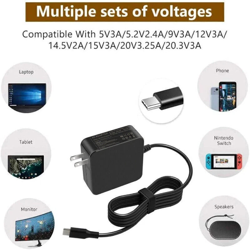 65W Laptop Charger Type USB-C Wall Adapter For Lenovo/Dell/Asus/MacBook Pro Air