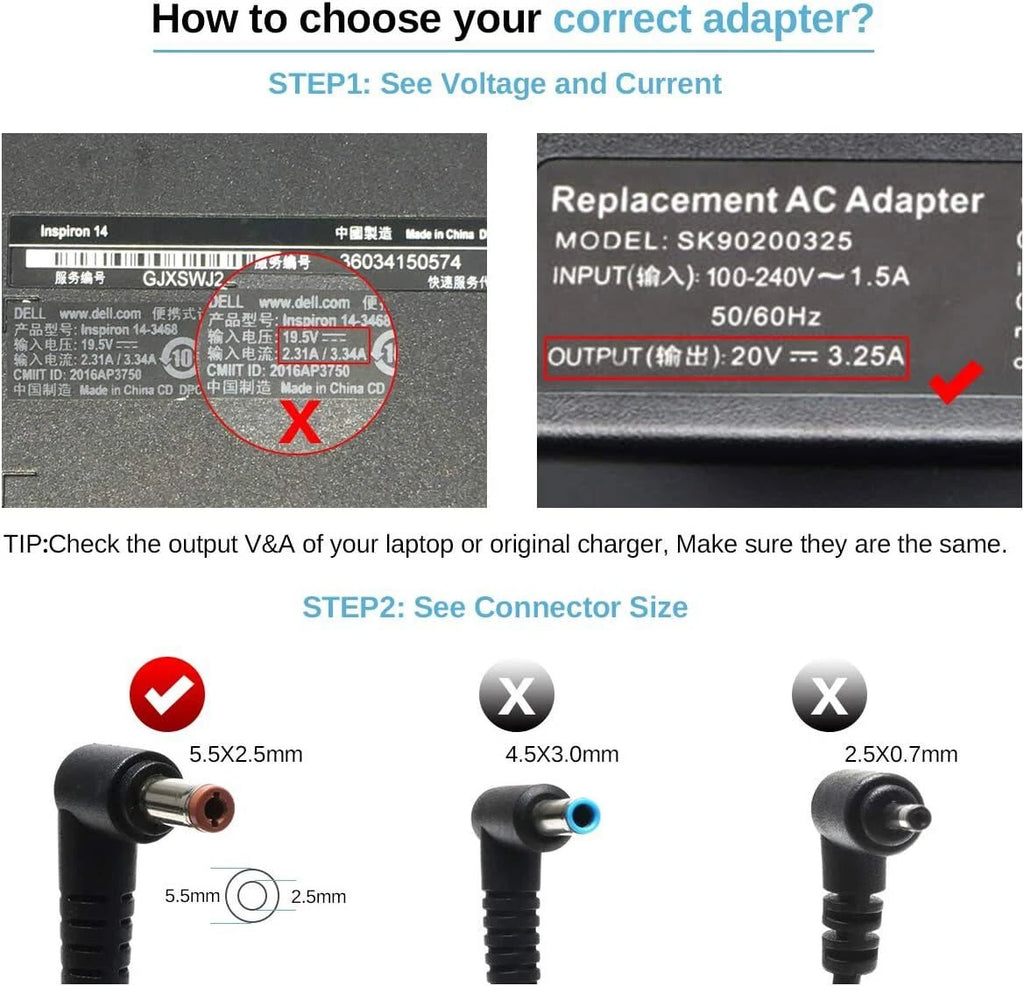 65W 20V 3.25A Laptop Charger Adapter Power Supply for Lenovo G570 B570 B575 G575