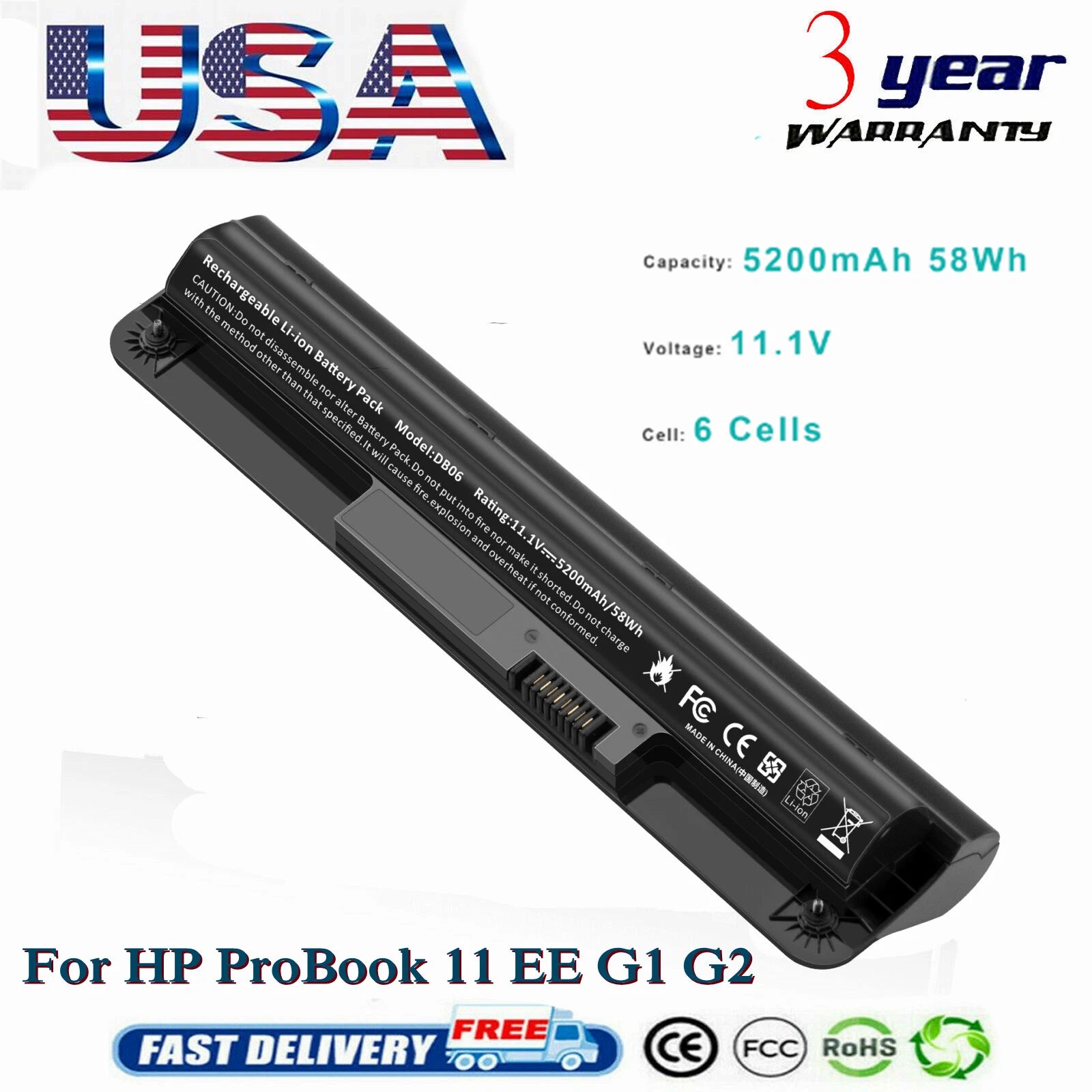 For HP Probook 11 G1 G2 797430-001 5200mAh 796930-121 796930-421 Battery DB06XL