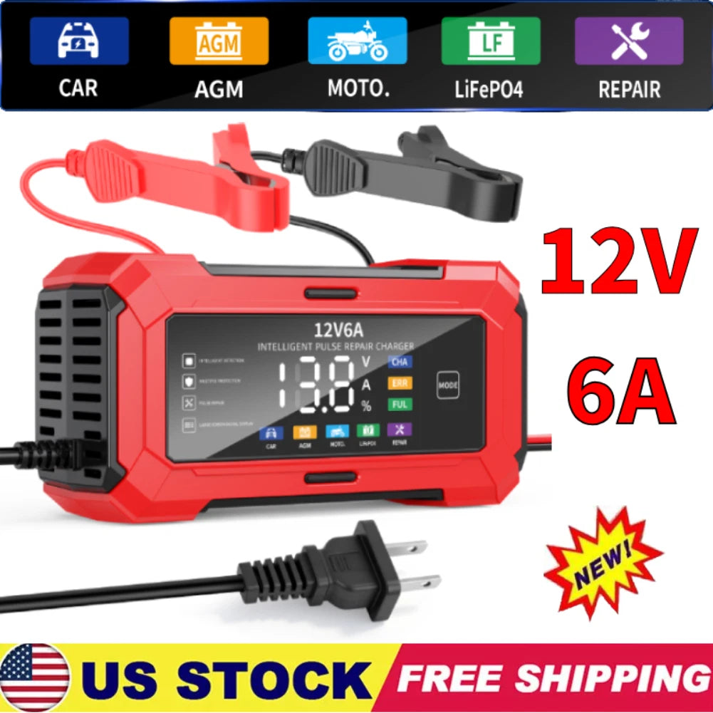 12V 6A Smart Car Battery Charger for LiFePO4 Maintainer Trickle Repair Lithium
