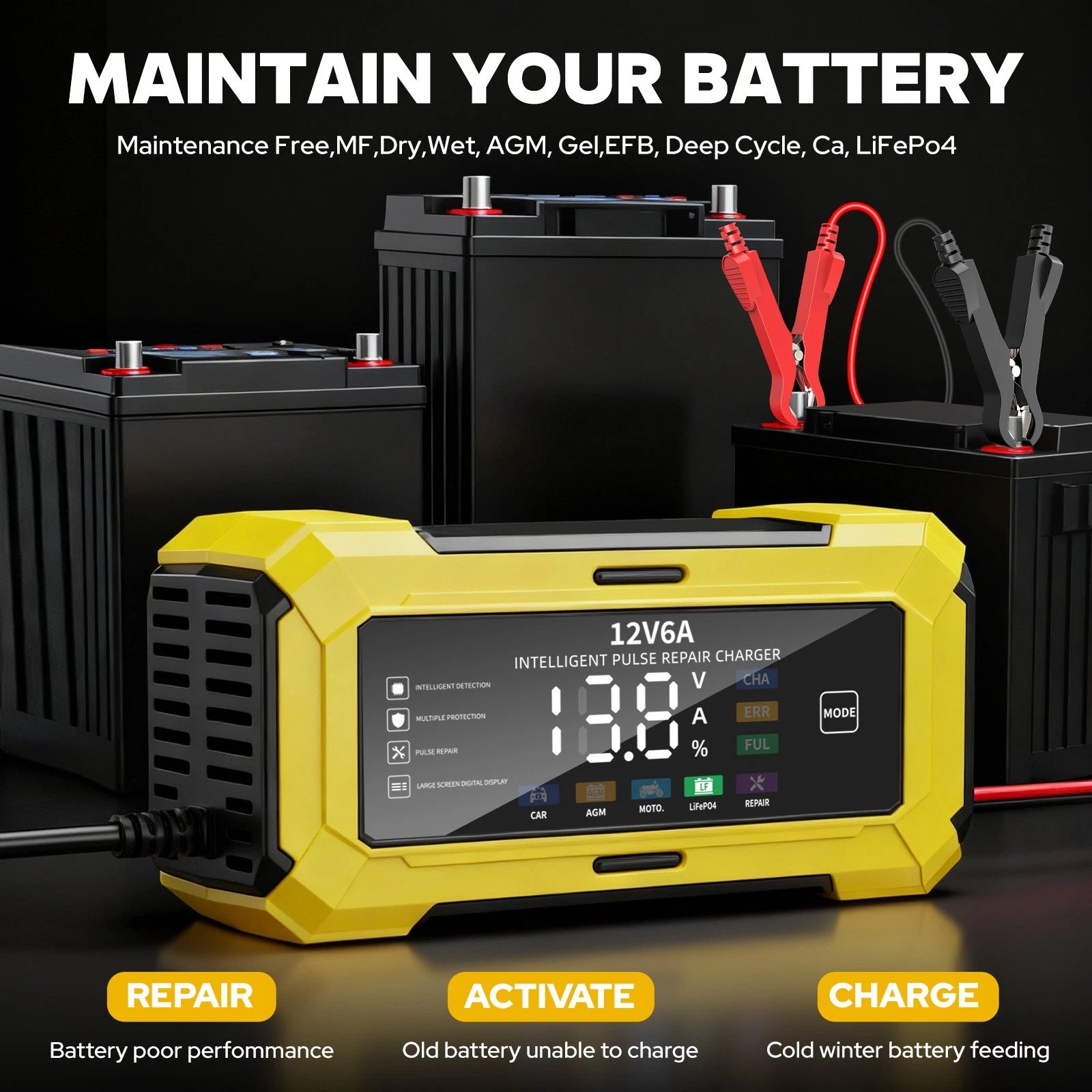 12V 6A Car Smart Battery Charger Automatic Trickle Pulse Repair AGM GEL Lifepo4