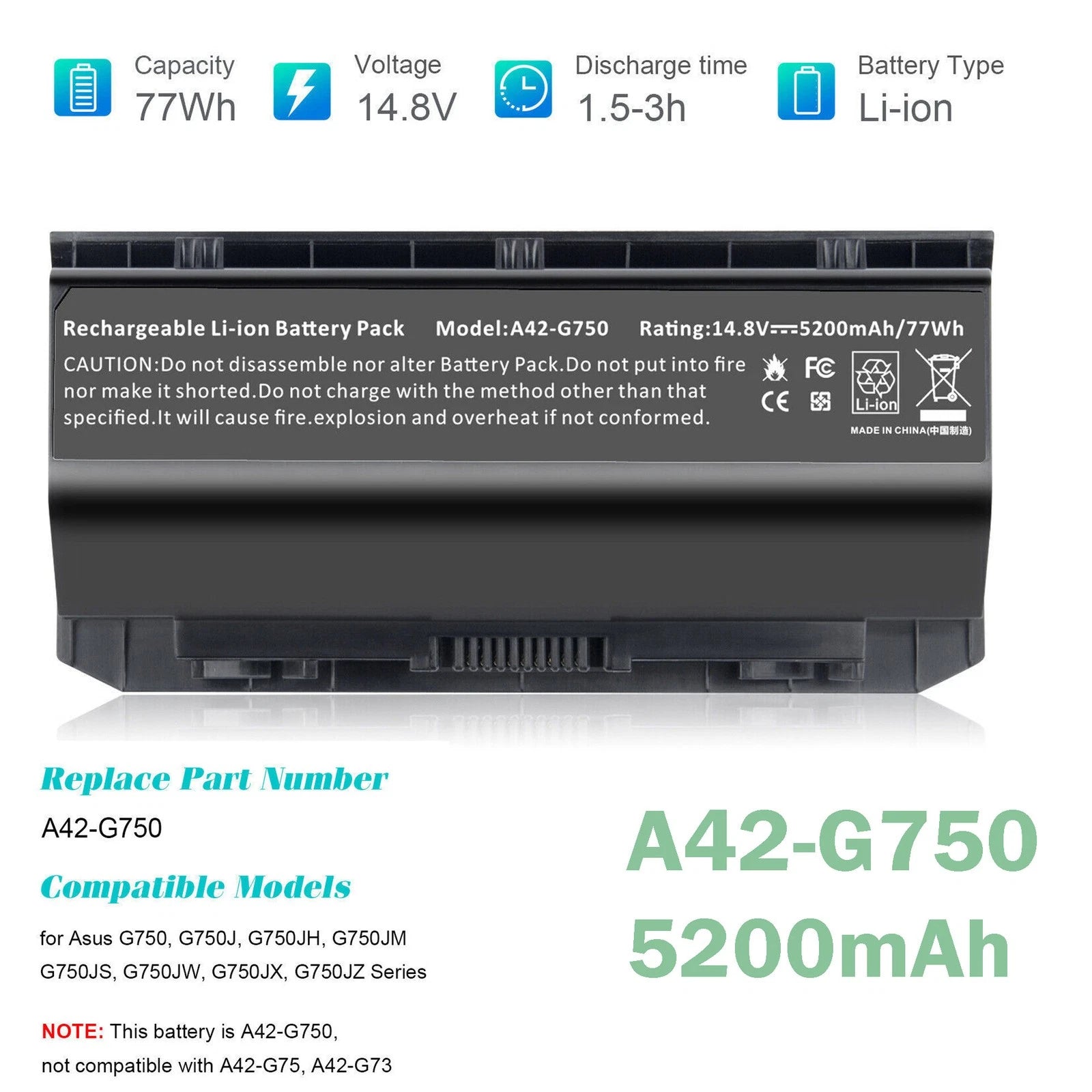Replacement A42-G750 Battery For ASUS ROG G750 G750J G750JM G750JS G750JW 77Wh