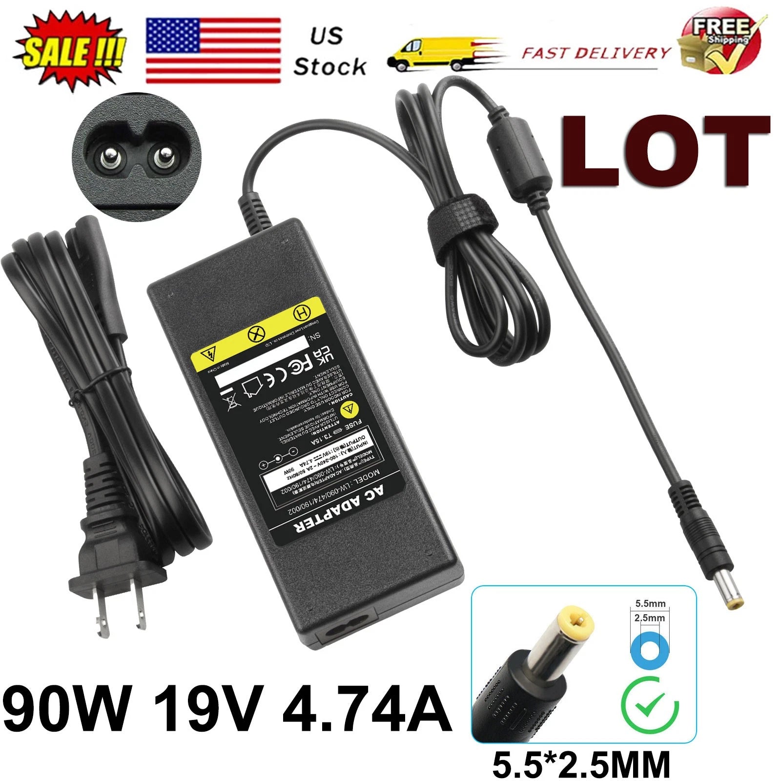 LOT OF 90W 19V 4.74A AC Power Adapter Charger for Toshiba Asus Acer HP Laptop