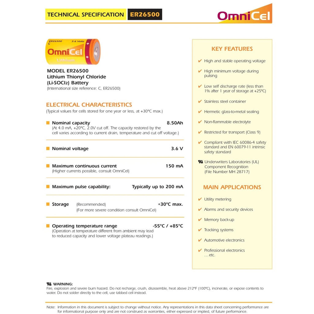 OmniCel ER26500 3.6V 8.5Ah Sz C Standard Lithium High Energy Battery