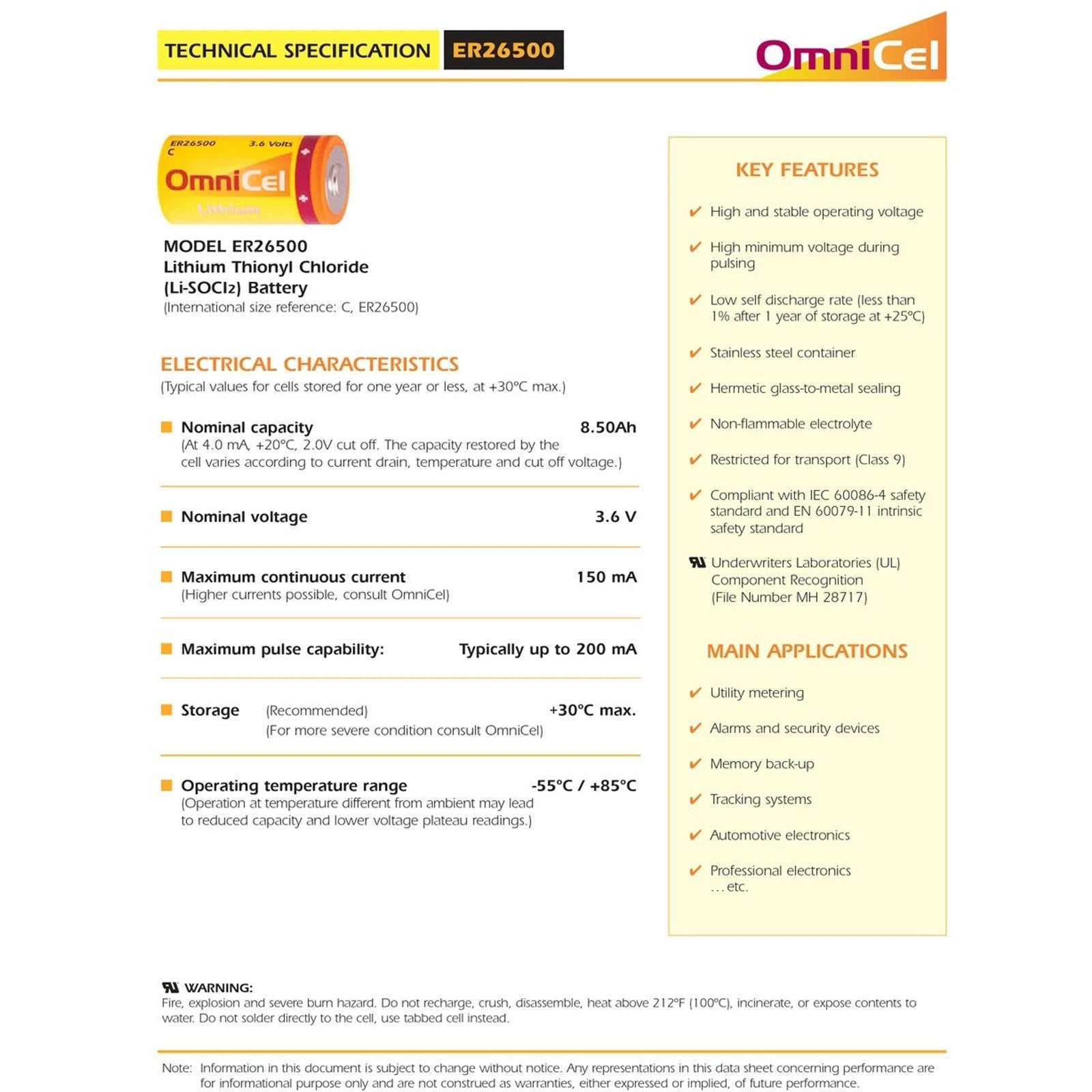 OmniCel ER26500 3.6V 8.5Ah Sz C Standard Lithium High Energy Battery