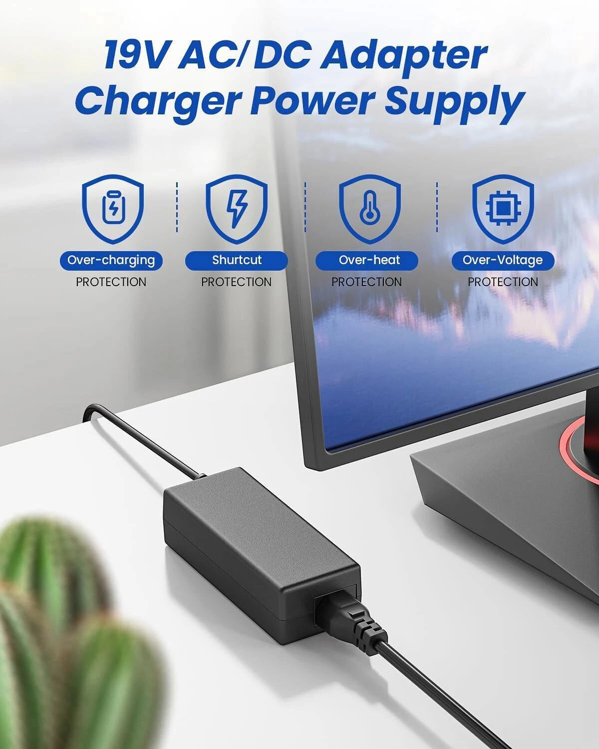 19V DC Monitor Power Supply Cord for Asus LED HD Display Monitor HP 22cwa 23xi