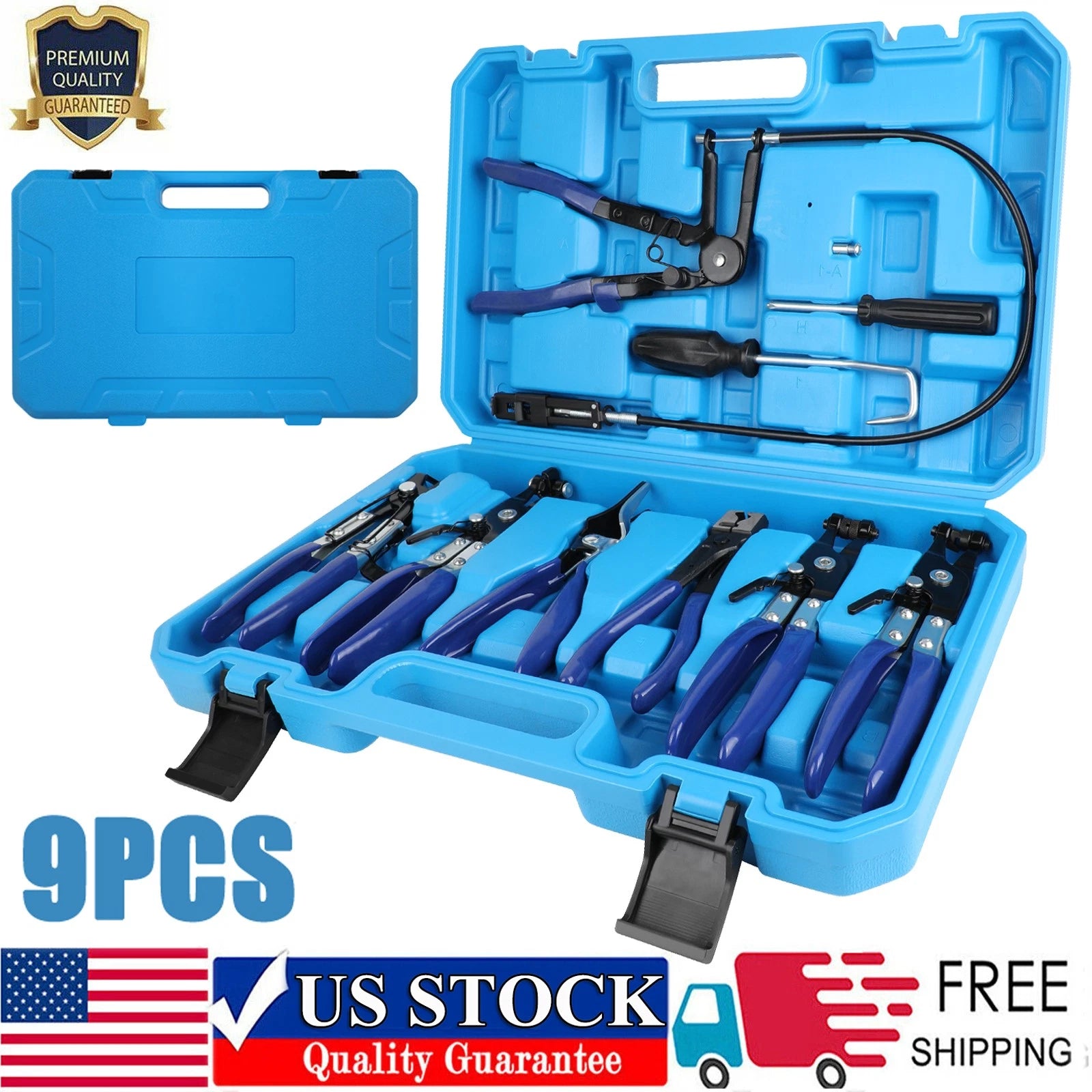 9Pcs Hose Clamp Clip Plier Set Swivel Jaw Flat Angled Band Automotive Tools Kit