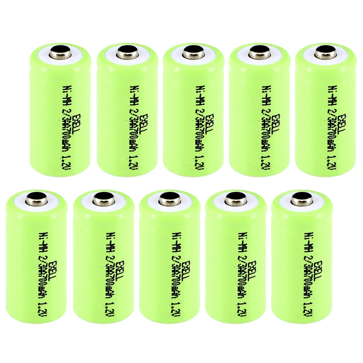 10x Exell 2/3AA NiMH 700mAh 1.2V Button top Rechargeable Battery