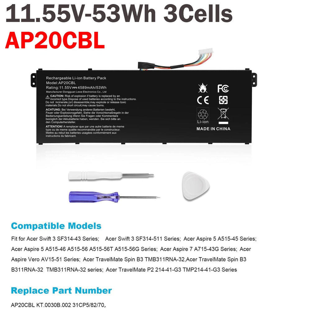 Replace AP20CBL Battery For ACER Swift 3 SF314 Aspire 5 A515 31CP5/82/70 53Wh US