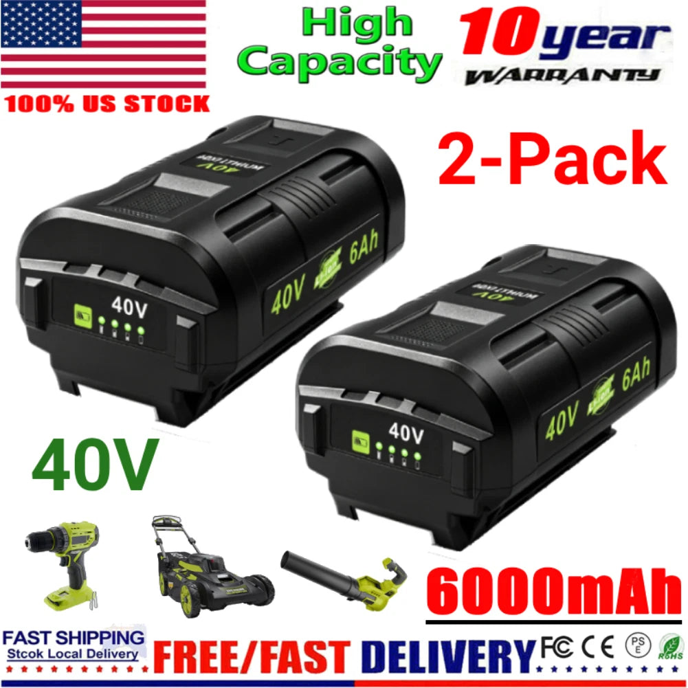 2Pack 40V 6.0Ah Battery for Ryobi 40 Volt Lithium OP4050 OP40602 OP40261 OP4060
