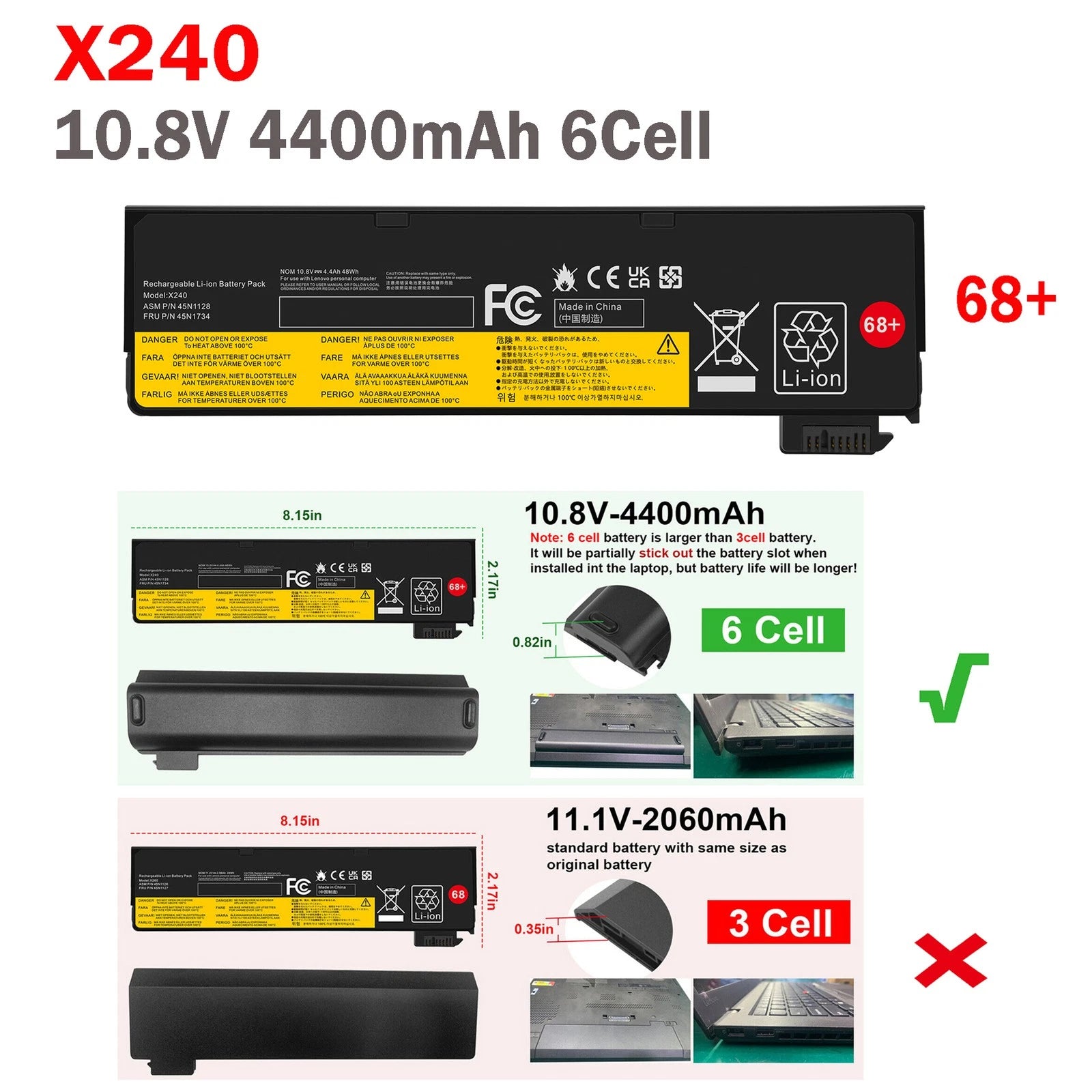 68+ Battery For Lenovo ThinkPad X240s X250 X260 X270 T440s T440 45N1125 4400mAh