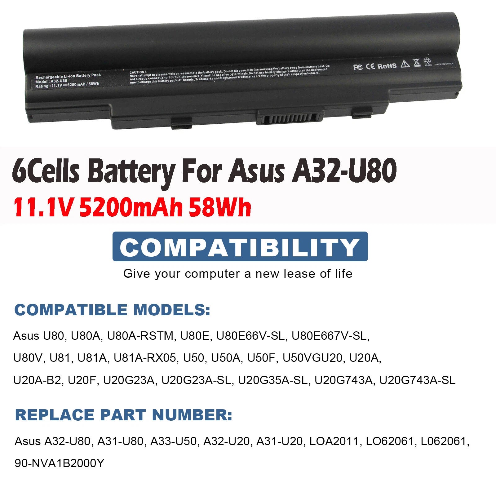 ?A32-U80 Battery For Asus U20A-B2 U50A U50F U50V U80A U81A U89V A31-U80 A32-U50?