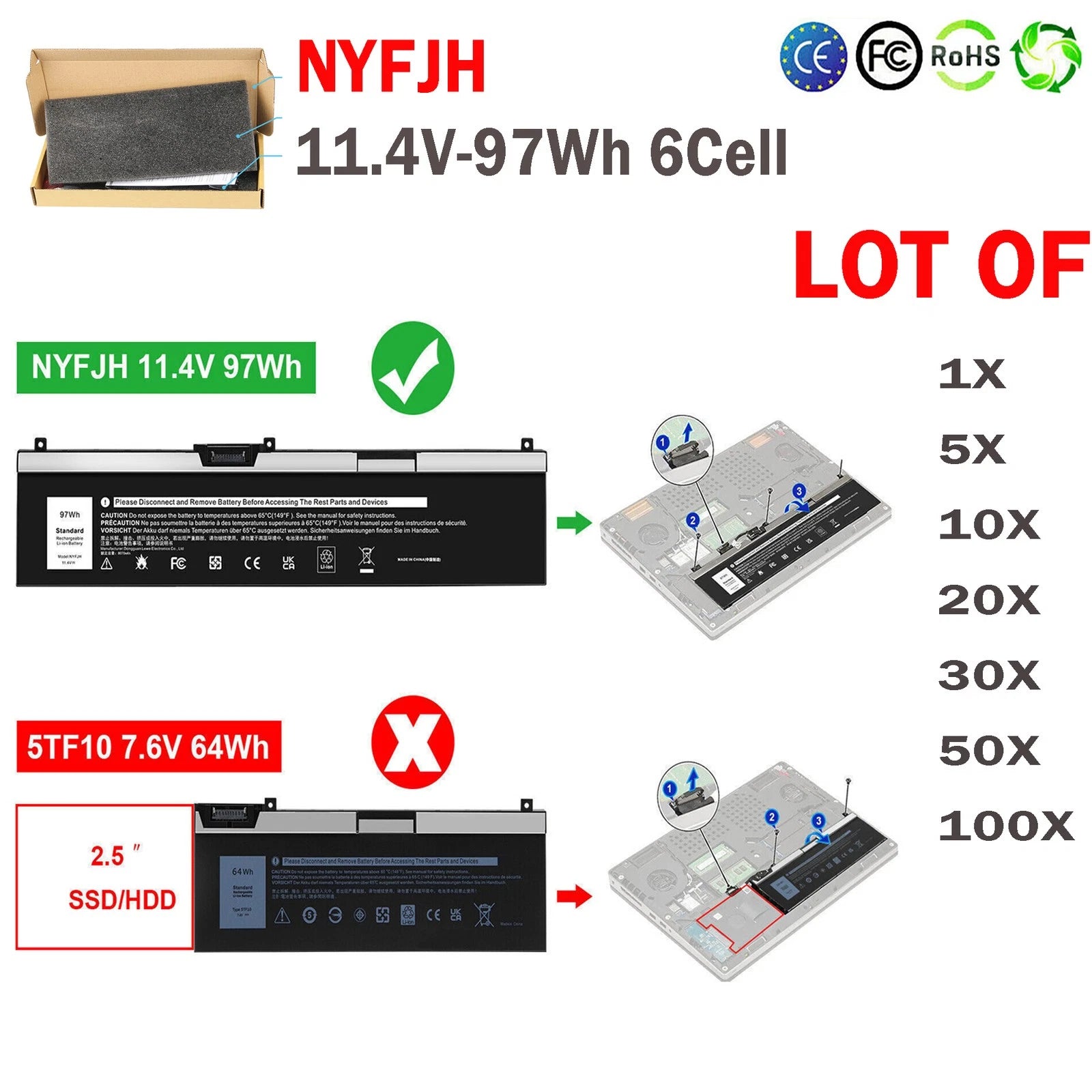 ?LOT NYFJH GW0K9 0WNRC Battery For Dell-Precision 7530 7730 7540 7740 11.4V 97WH