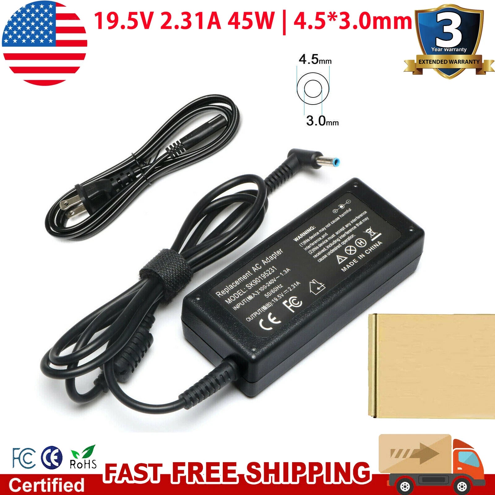 AC Adapter Notebook Charger for HP 19.5V 2.31A Laptop Power Supply Cord Blue tip