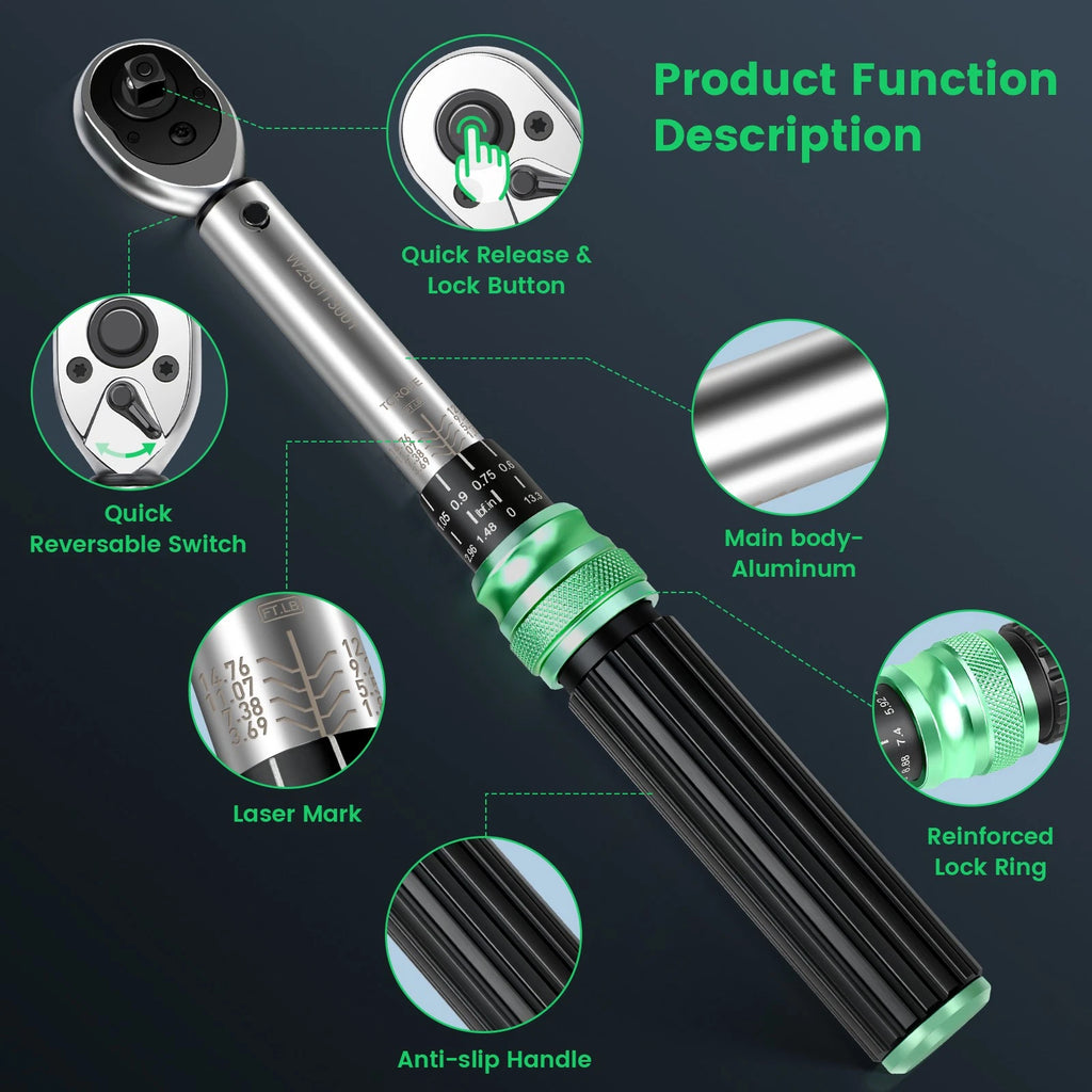 ?32Pcs 1/4'' Drive Adjustable Click Torque Wrench 2.5-25NM w/ Extension Bar NEW