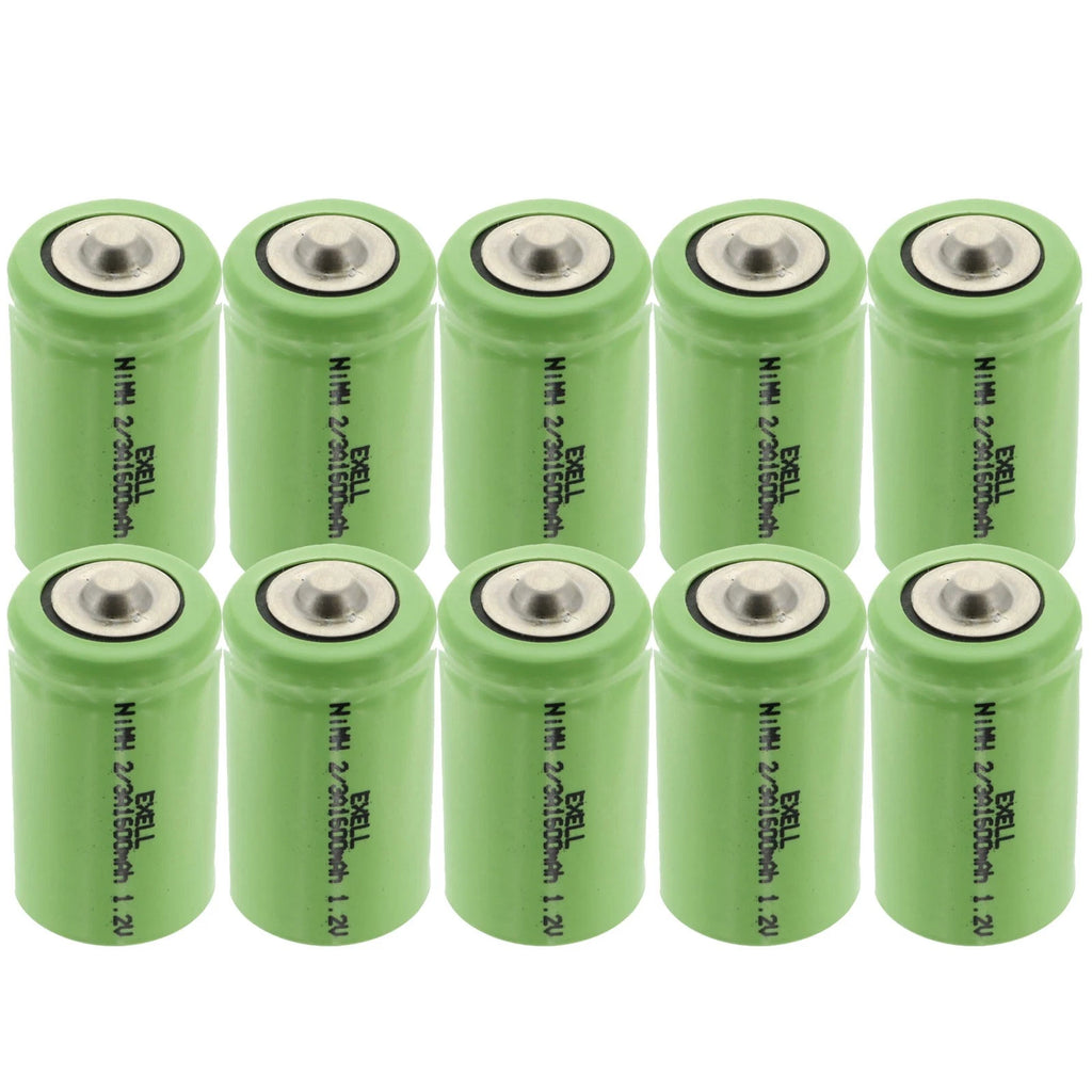 10-PACK Exell 2/3A 1.2V 1600mAh NIMH Rechargeable Button Top Batteries