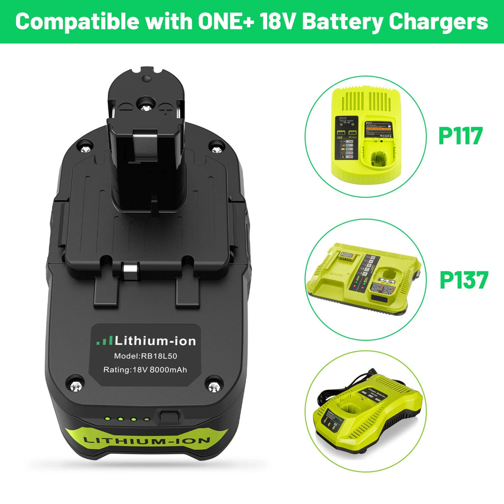 8.0Ah 18Volt Battery For RYOBI P108 18V For One+ Plus High Capacity P107 RB18L50