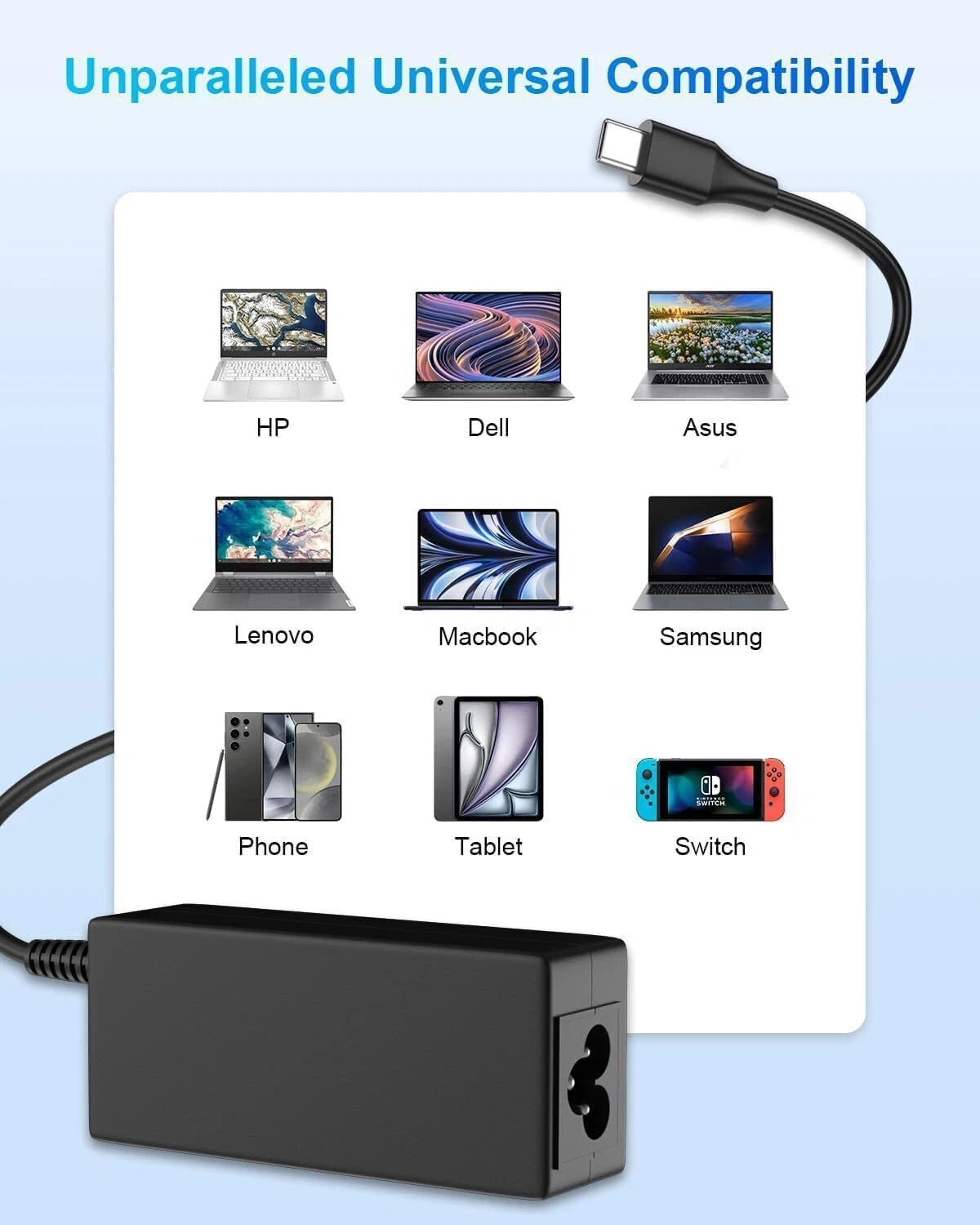 65W USB C Type C for Acer Chromebook Lenovo/HP/Asus/Samsung Power Laptop Charger